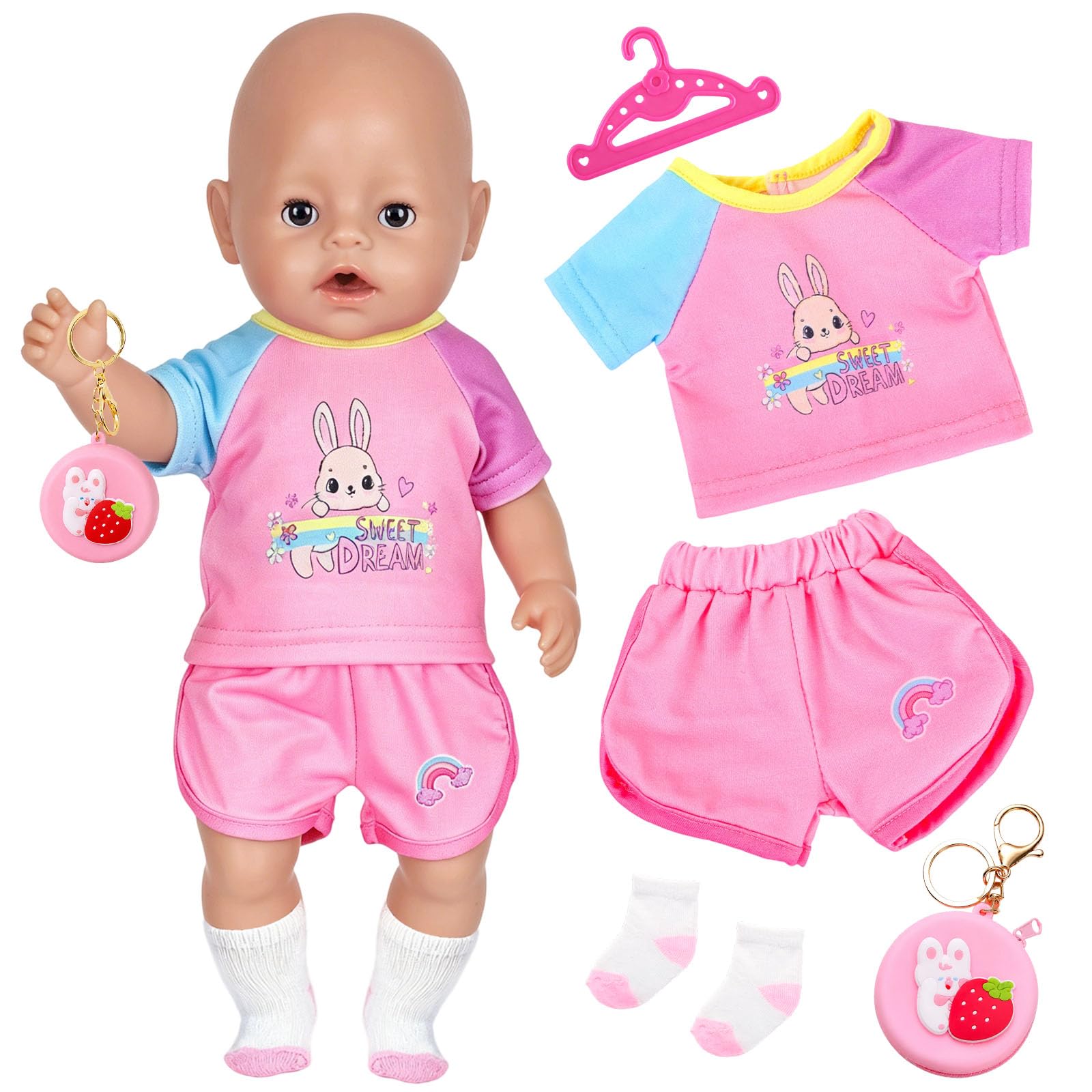 5 Pcs Baby Doll Clothes for 35β43 cm Dolls, Cute Doll Accessories with Pink Rabbit Short-Sleeve Shirt Shorts Bag Socks Clothes Hanger Doll Outfit Set for 14-18 Inch Baby Dolls, Girls' Birthday Gift