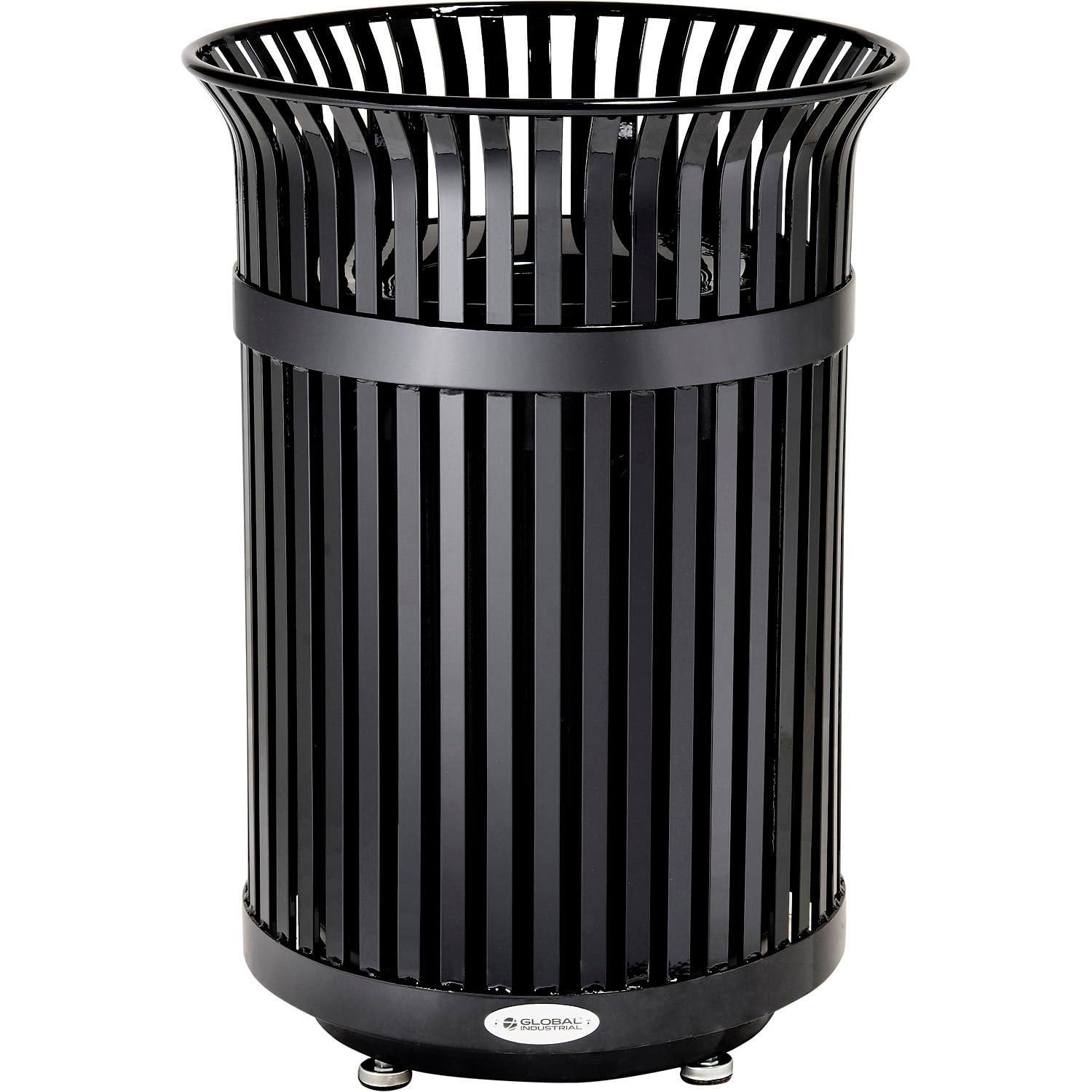 Global Industrial 36 Gallon Outdoor Heavy-Duty Slatted Steel Trash Can with Open Top, Plastic Liner and Anchor Kit Included, 28" Diameter x 39" H, Black