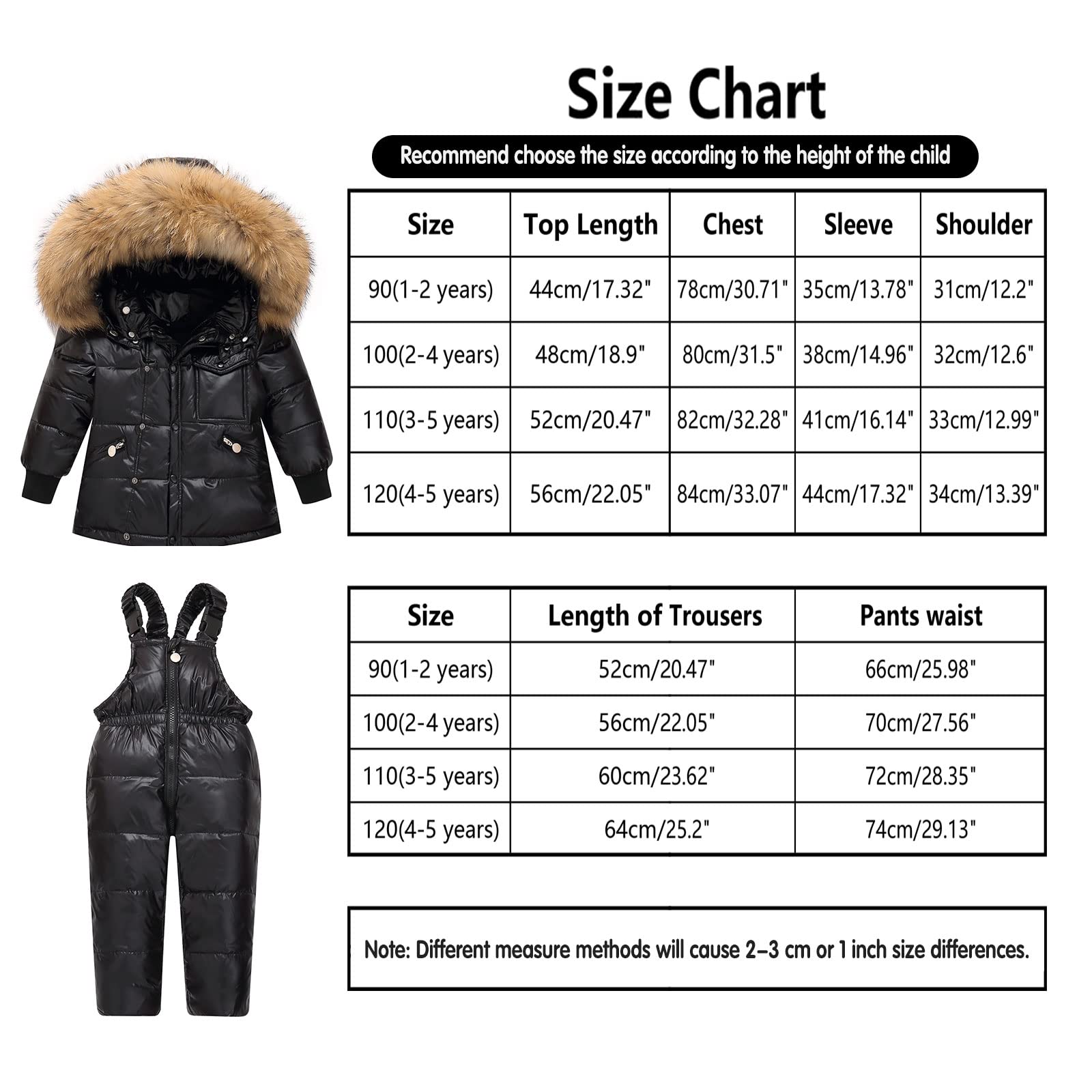 Niñas Niños Trajes de Nieve Abrigos de Esquiar Chaqueta de Plumas con Capucha + Pantalones de Nieve 2 Piezas Conjunto de Esquí Ropa Invierno Impermeable por Bebe Niño Niña 3-5 años Negro