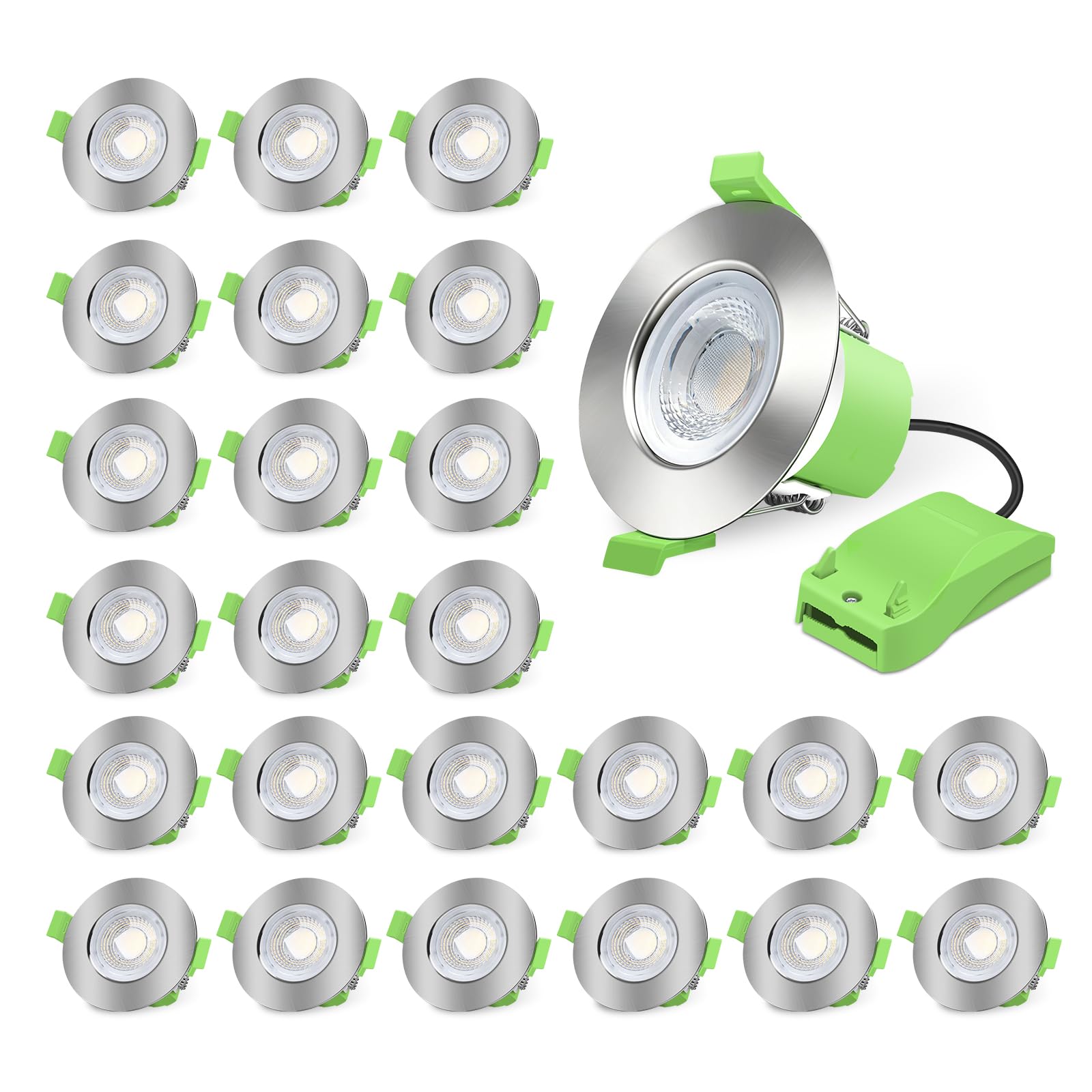 ALUSSO Fire Rated LED Downlights 6W 600lm, 3CCT Colors Warm Cool White Daylight Selectable Recessed Ceiling Lights Dimmable, Spotlights IP65 for Bathroom Kitchen Living Room, Brushed Nickel 24 Pack