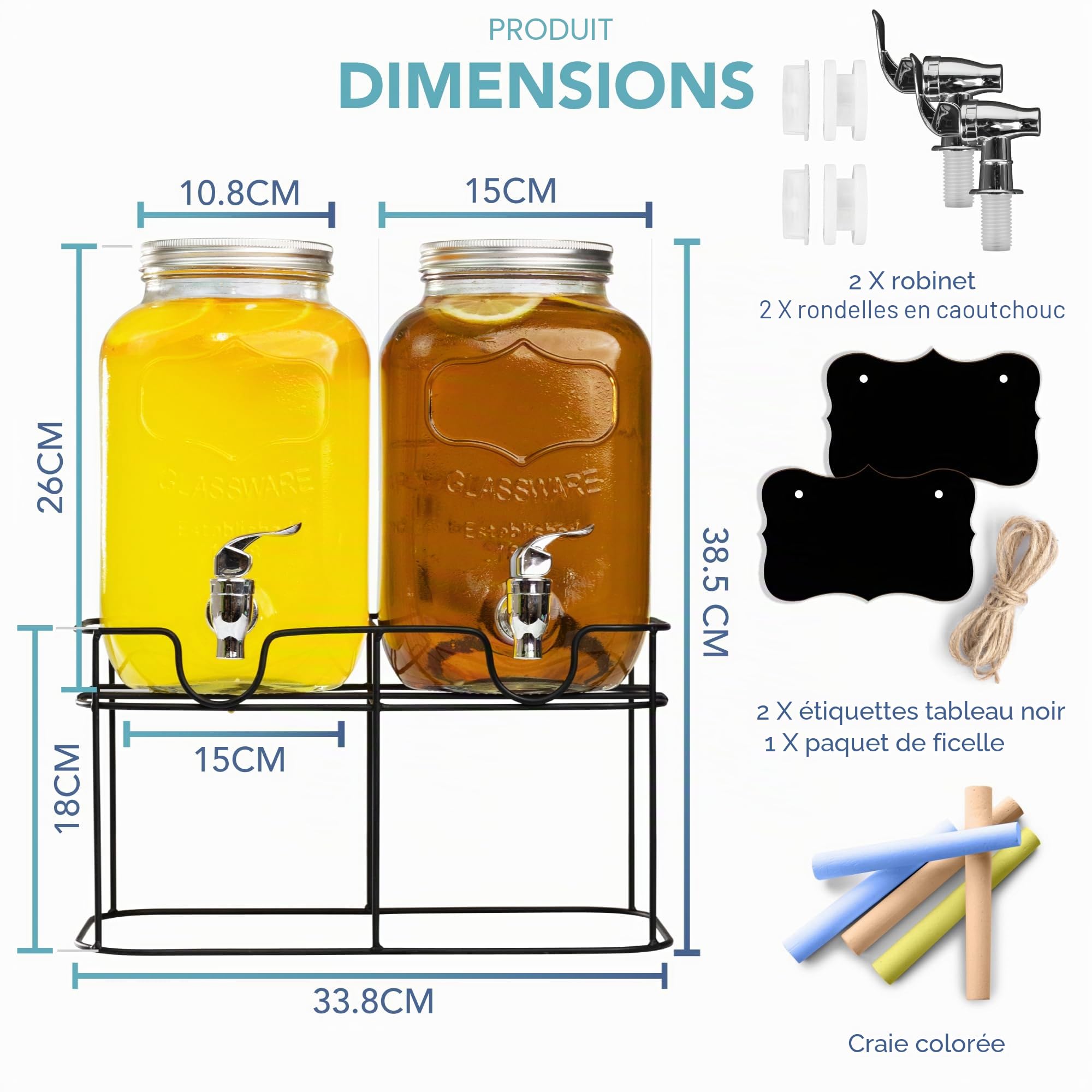 HEFTMAN Distributeur de boissons en verre avec robinet - 2 x 4 litres | Distributeur de boissons Mason Jar avec robinet étanche et support en fil métallique