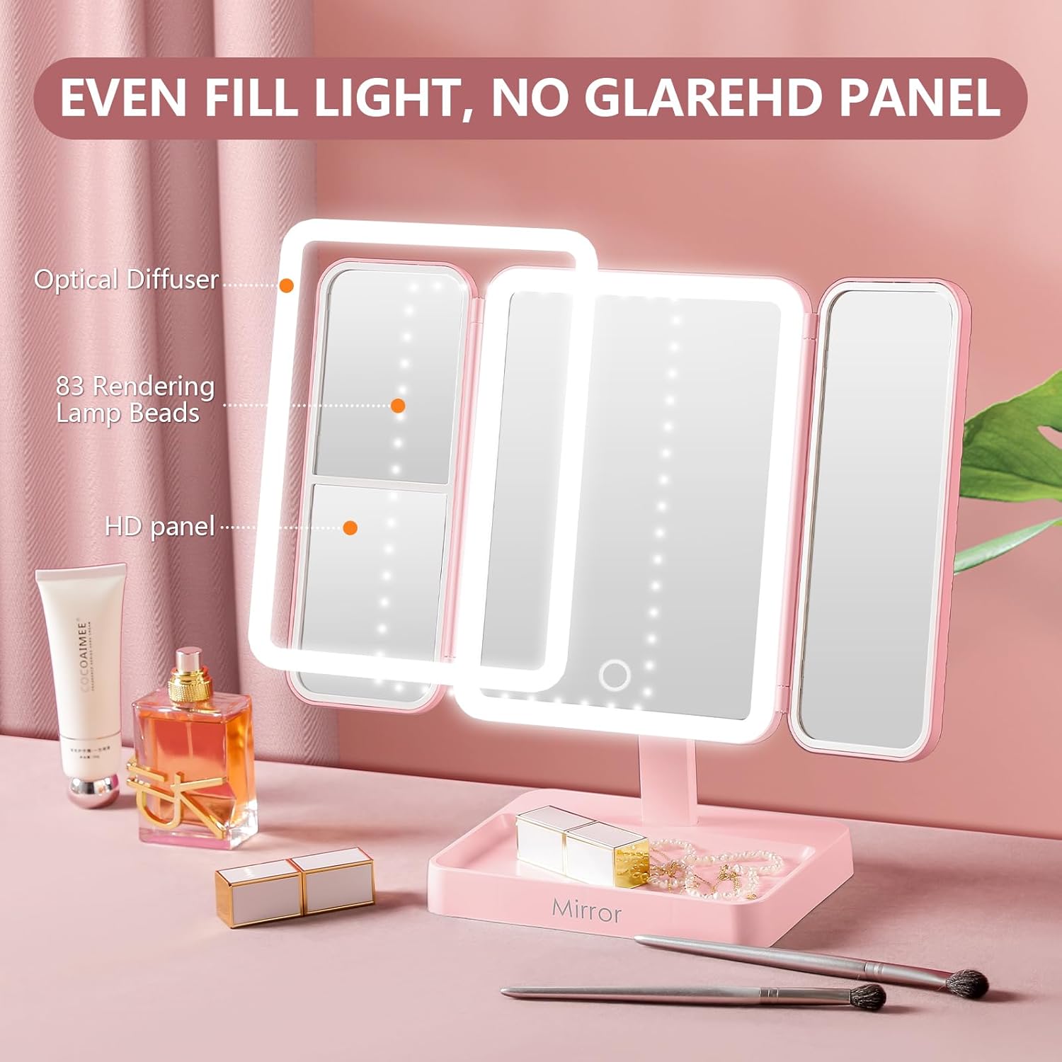 StellarHorizon Makeup Mirror Vanity Mirror with Lights, 83 LEDs, 360-Degree Uniform Fill Light, 3-Color Lighting, Touch Control, Trifold Makeup Mirror,Portable Led Travel Mirror，Women Gift