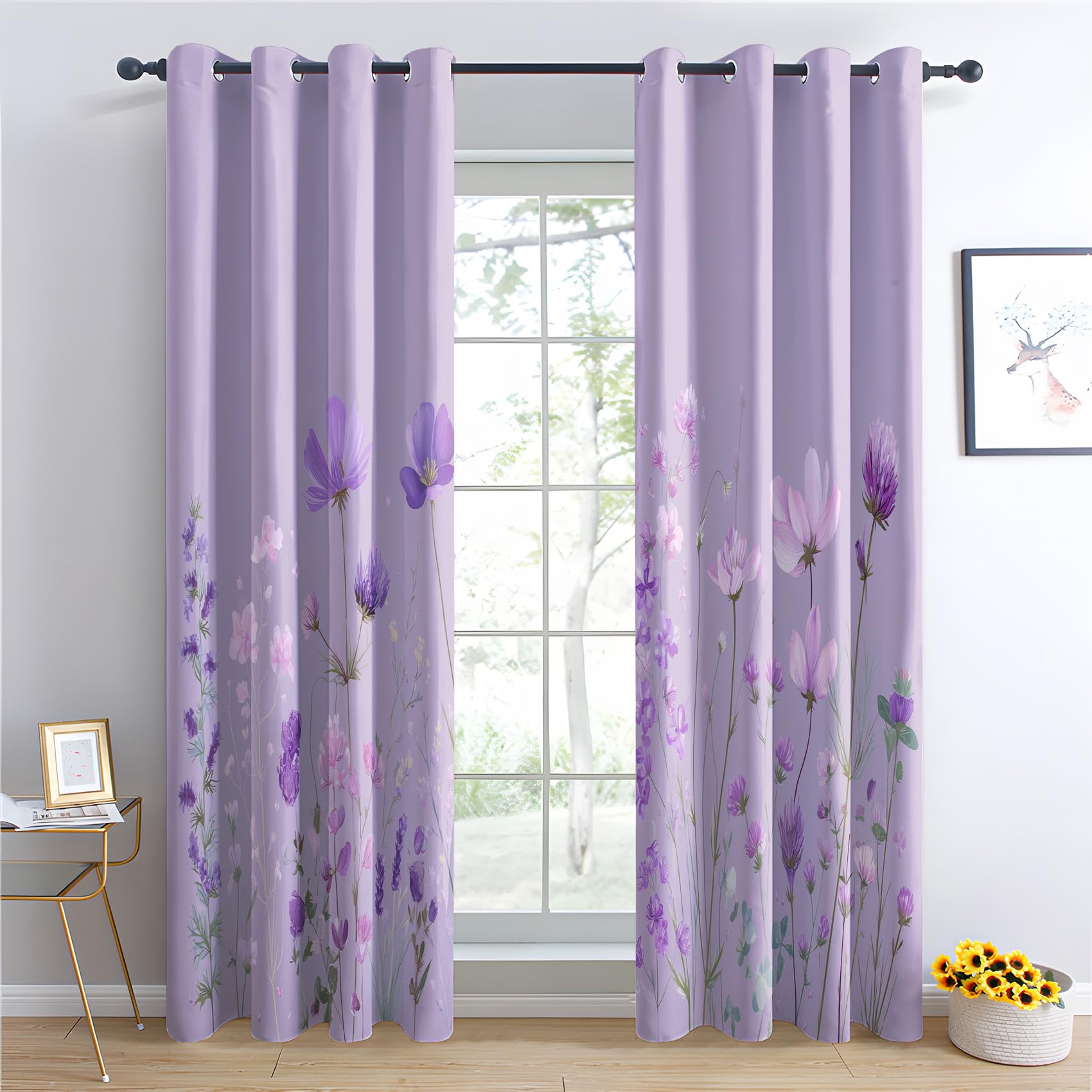 Venivici Wildflower Blackout Curtains for Bedroom Living Room - 72 Inch Drop Curtains Eyelet, Purple Floral Botanical Patterned Window Treatments, Thermal Insulated Drapes 66x72 2 Panels