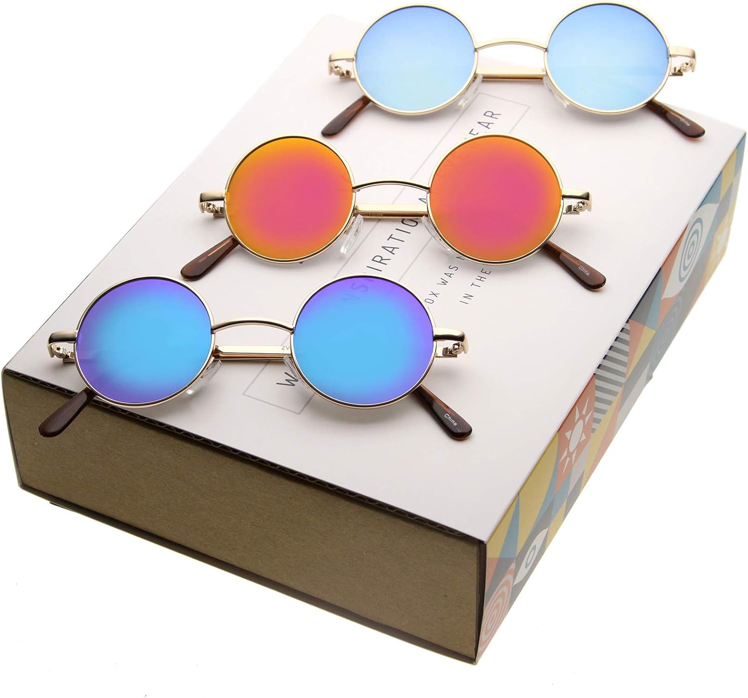 zeroUV Small Retro Lennon Inspired Style Colored Mirror Lens Round Metal Sunglasses 41mm (3pk Promo Box Gold B|O|BG)