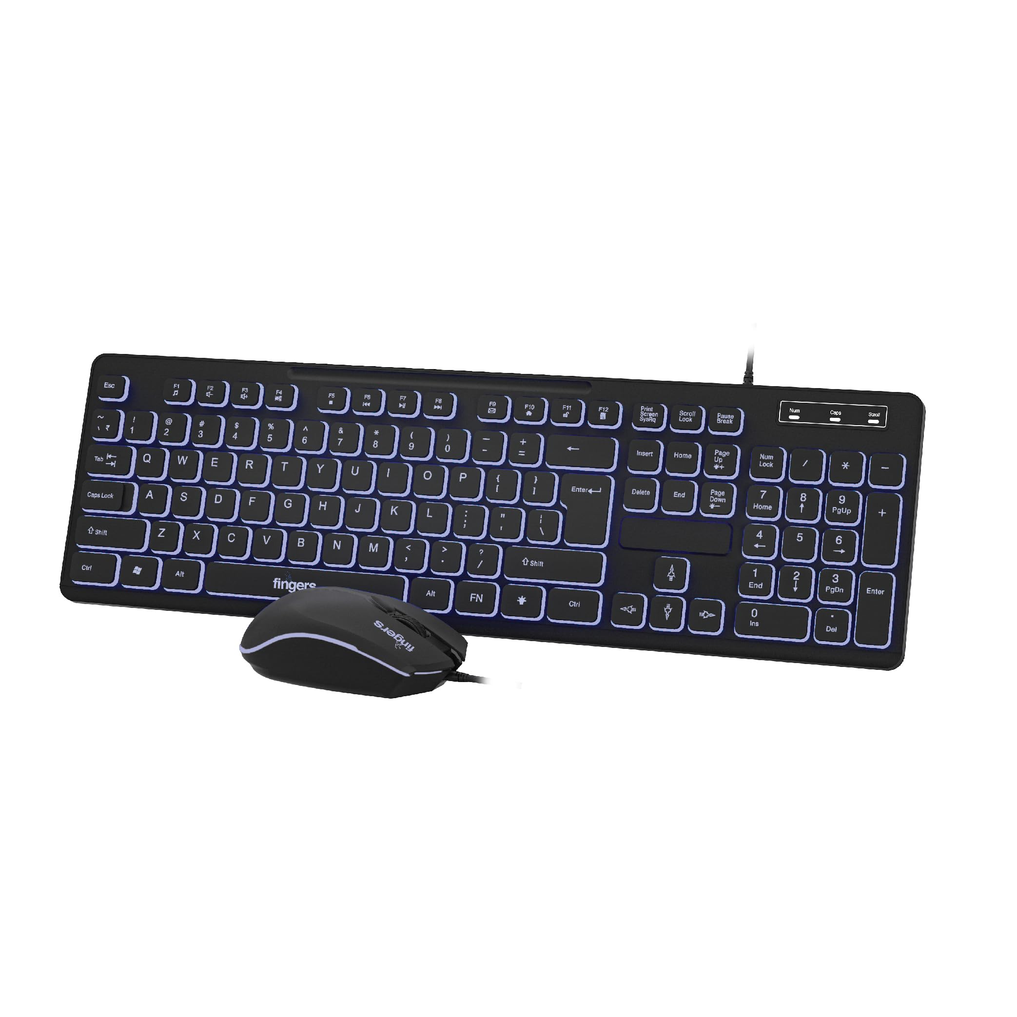 FINGERS Magnifico Duo Wired Backlit Deskset Combo - Keyboard & Mouse Set (Laser Etched Characters, Backlit Keys with 3 Magnificent Illuminating Colours, Illuminating backlights in Mouse), Jet Black