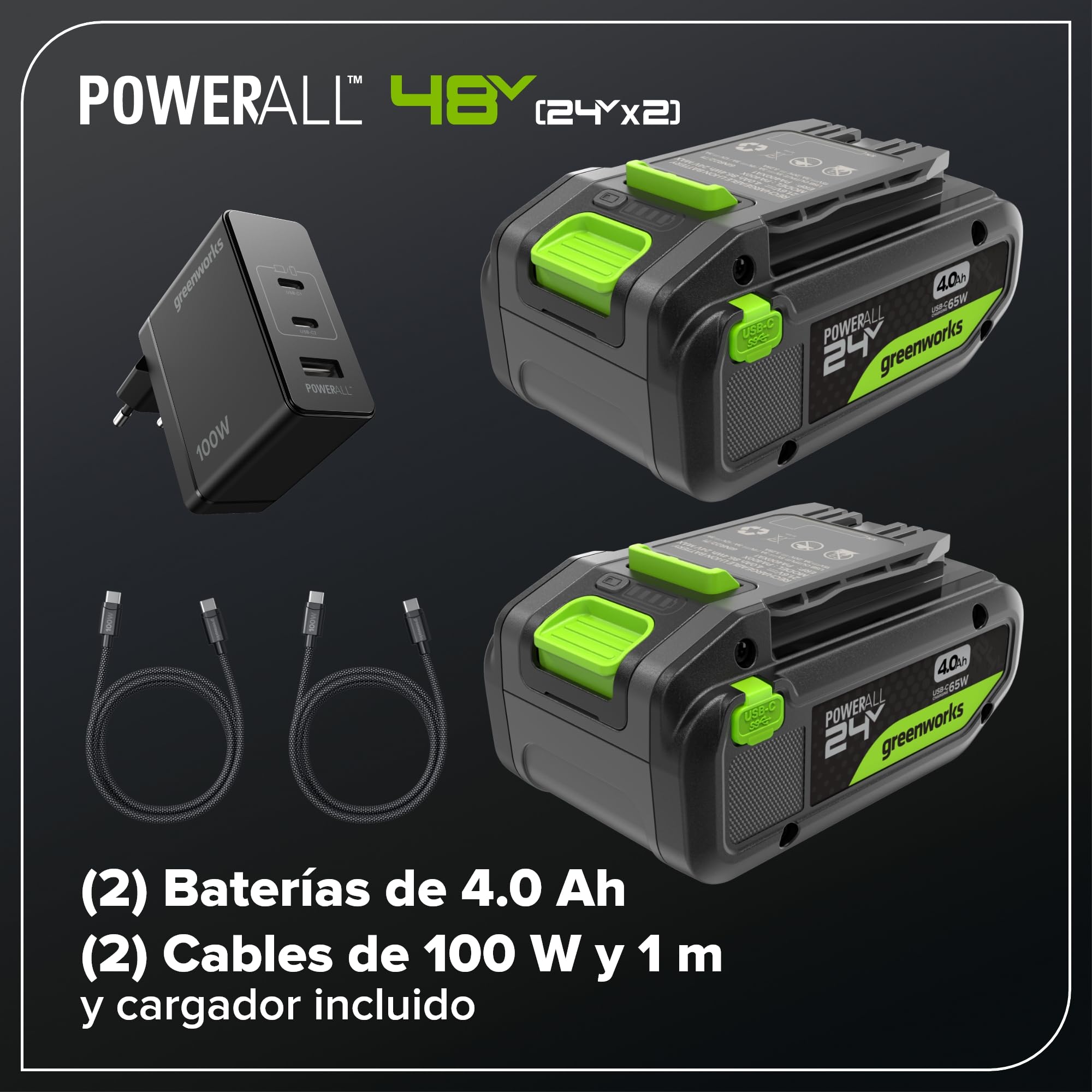 Greenworks 48V (24V x 2) Cortacésped de batería Li-Ion 24V 36cm Ancho Corte hasta 400m² a y Cortabordes Inalámbrico con Cabezal de Alimentación Automática con 1 Batería 4Ah y Cargador-MTCK48B421-01