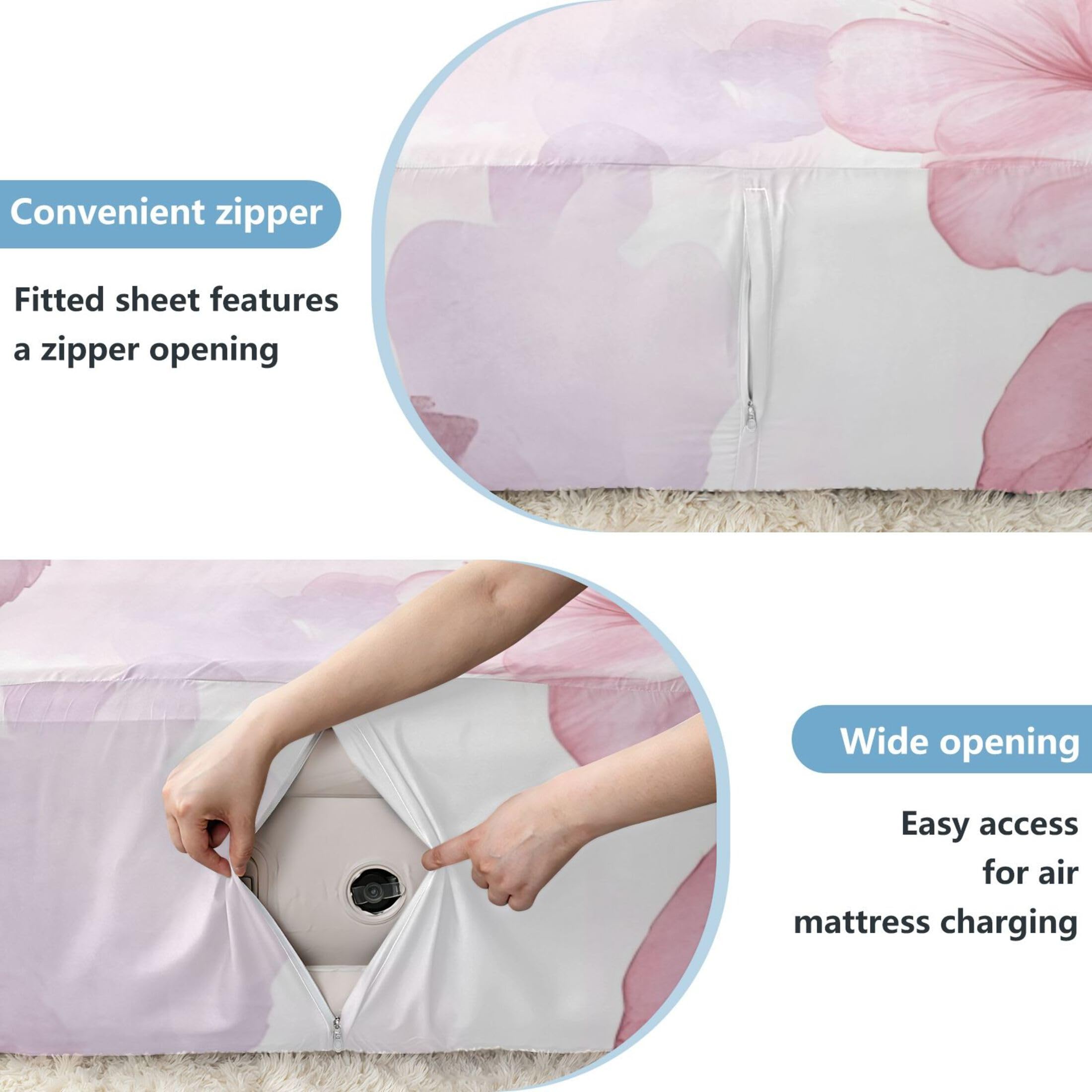 Roses Sábana bajera ajustable individual para colchón de aire, bolsillo extra profundo de 24 pulgadas, funda suave y transpirable con apertura de válvula de cremallera para cama de aire