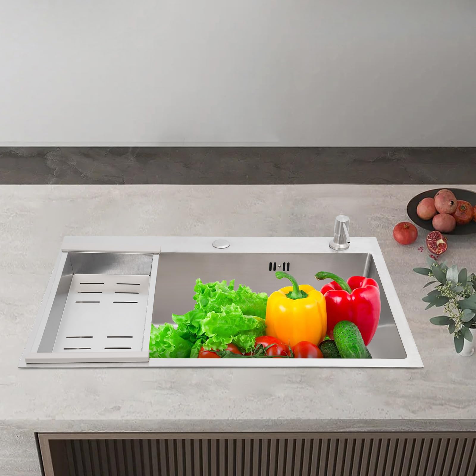 Fregadero de acero inoxidable 68 x 45 cm, fregadero de cocina de alta calidad y fregadero empotrable, con escurridor y escurridor, fregadero de granito empotrable a partir de 45 cm, incluye