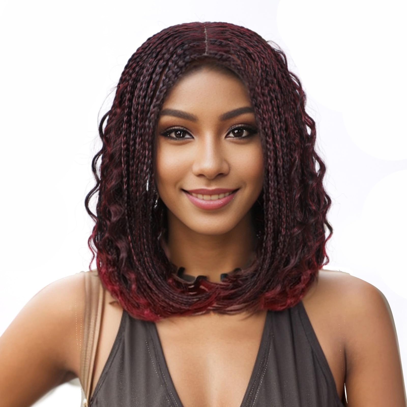 Braided Bob Wigs for Black Women Box Braids Wig with Free Tress 14 Inch Curly Goddess Box Braids Wigs Synthetic Box Braids Hair Burgundy Color Fake Scalp Short Bob Red Wigs(14”) (#burg)