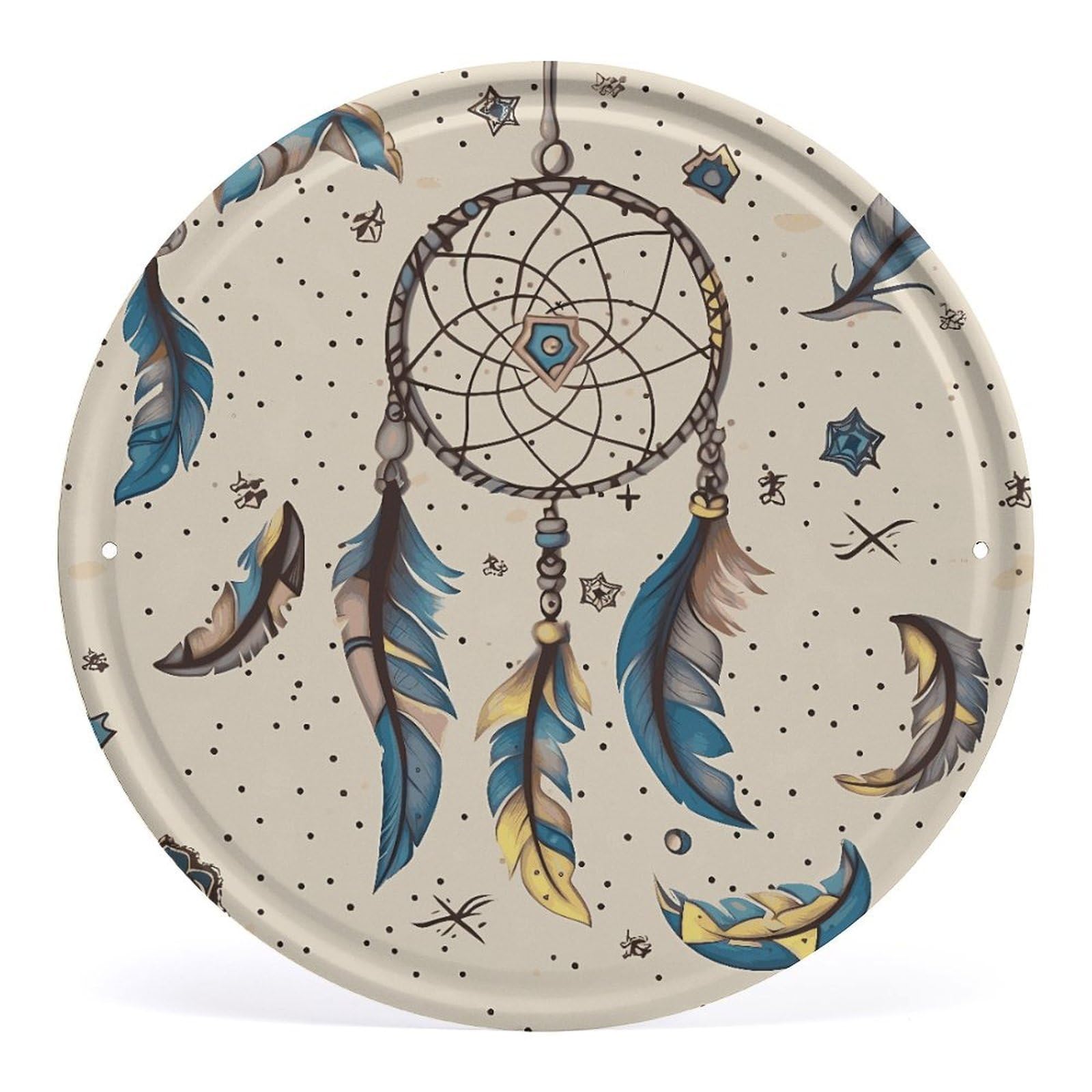 Fodpand Style Dream Catcher And Moon Round Wall Art Hanging Decorations, Wall Decor Modern Minimalist Artwork, Tin Sign Hanging Picture For Living Room, Bedroom, Office, Hallway, 11.8X11.8 Inch