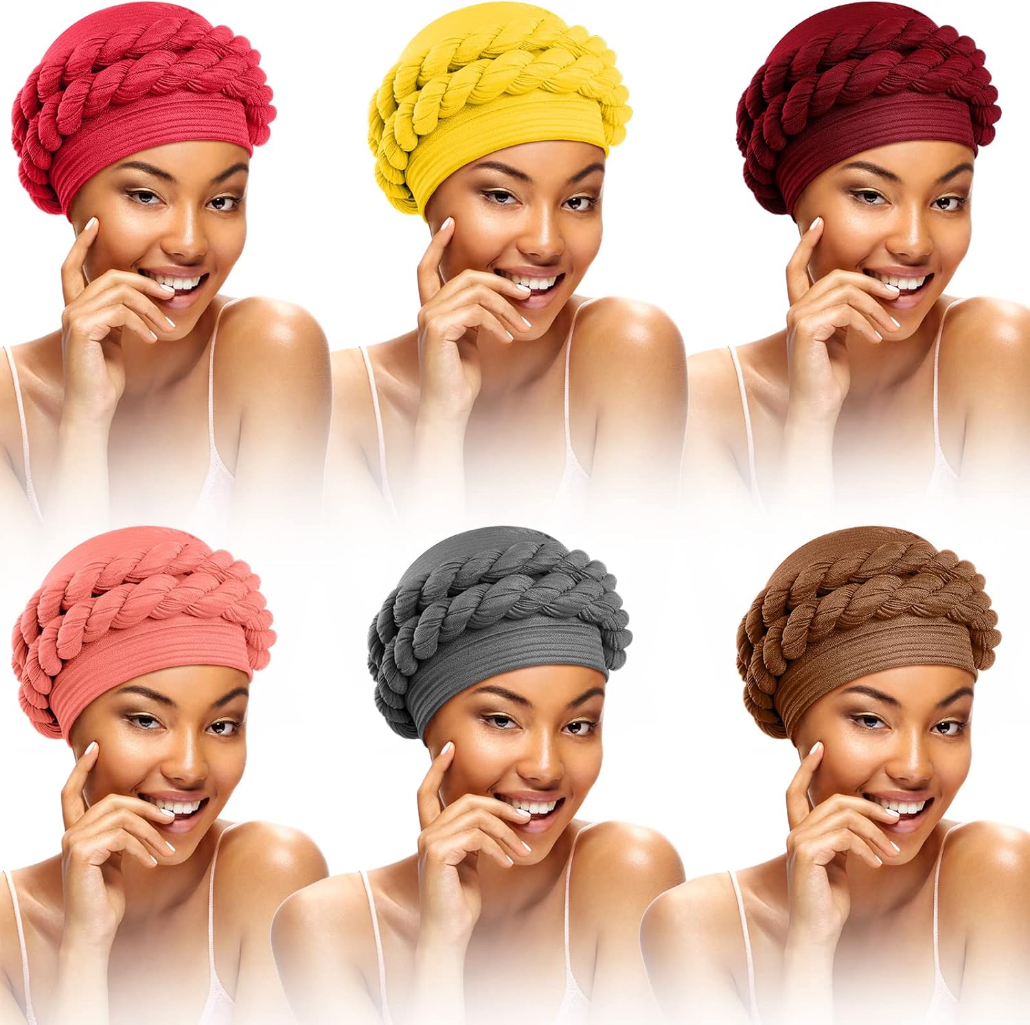 Hanaive 6 Pcs African Head Wraps for Black Women Braid African Turban Cap Twisted Headscarf Turbans Cover Wrap Hat