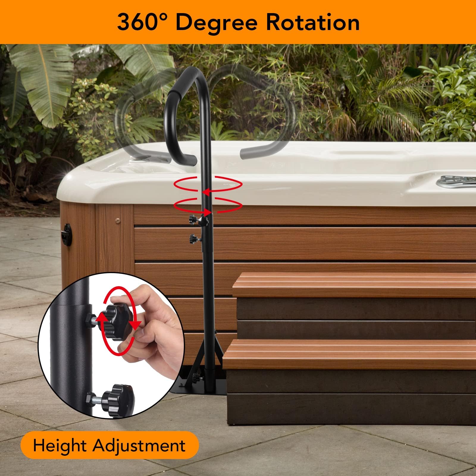 Garvee Sécurité renforcée pour spa et bain à remous – Main courante rotative 360°, hauteur réglable 89-142 cm, capacité 272 kg, poignée antidérapante, base stationnaire à glisser sous le spa