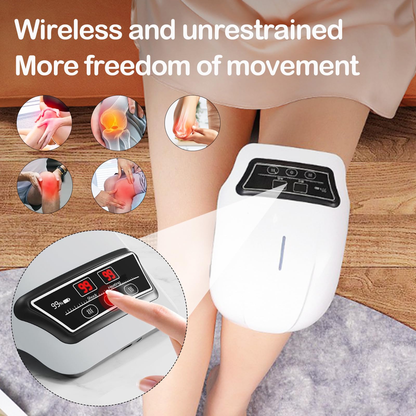 Massaggiatore per Ginocchio Senza Fili Ricaricabile con 3 Riscaldamento e Vibrazione, Wireless per Artrite, Gonfiore, Lesioni Muscolari
