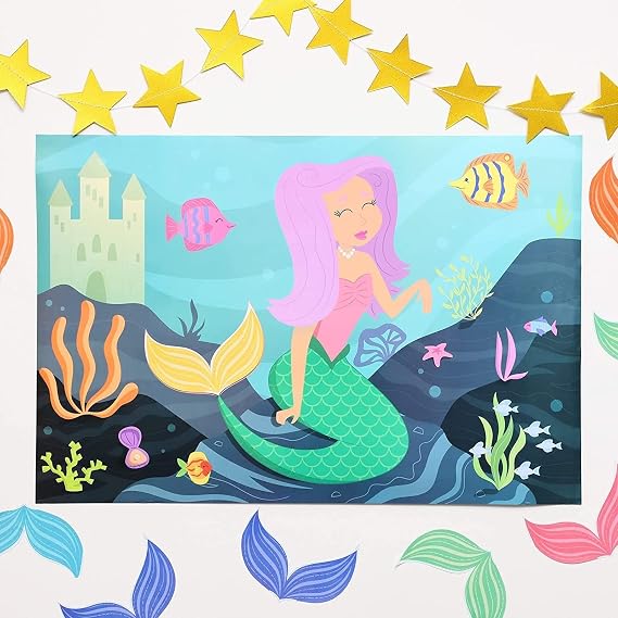 2 Pack Mermaid Family Party Games for Kids, Pin the Tail, 2 Posters, Stickers, Mask