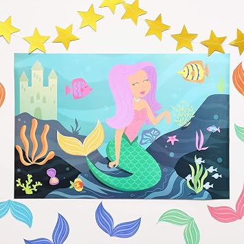 2 Pack Mermaid Family Party Games for Kids, Pin the Tail, 2 Posters, Stickers, Mask