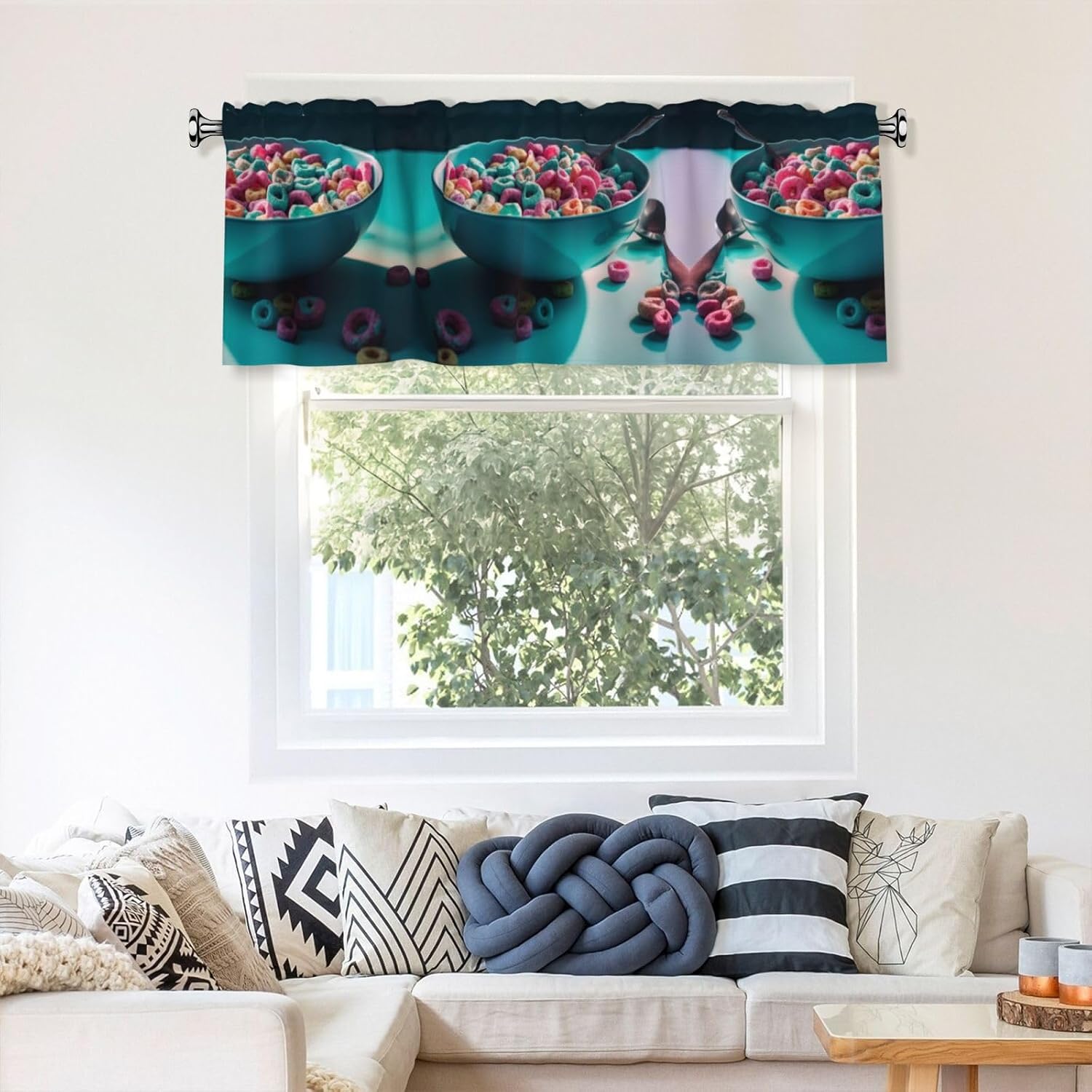 Colorful Cereal Curtain Valance for Windows,Kitchen Window Curtains Blackout Drapes Window Treatments Decorative Rod Pocket Short Curtain for Living Room Bedroom,54" W x 18" L