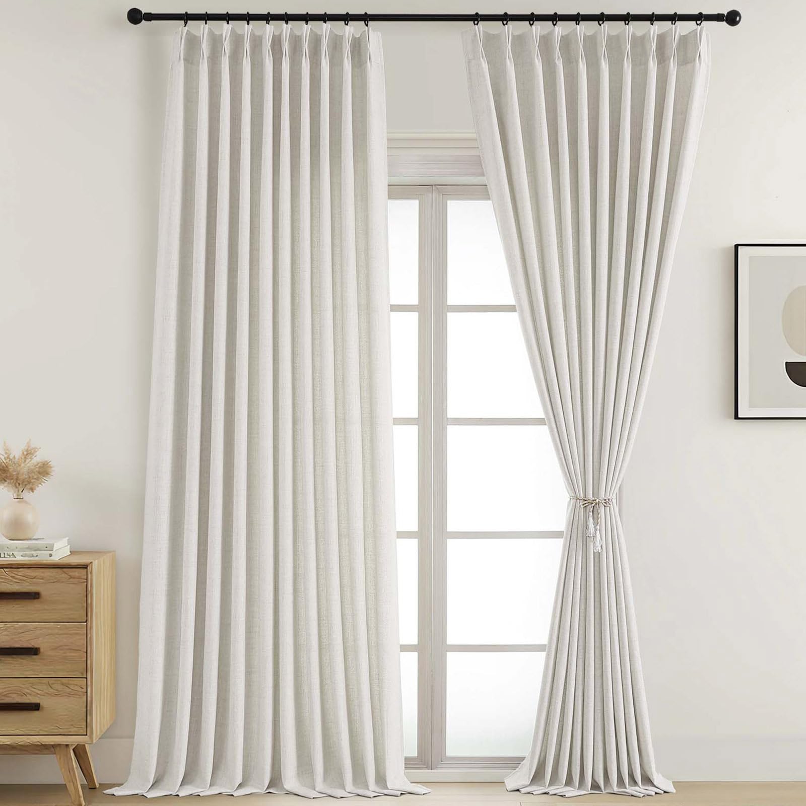 Ebesto Extra Wide Natural Pinch Pleated Curtains 96 Inches Long 2 Panels, Light Filtering Faux Linen Curtains for Large Windows, 60 Inch Width Farmhouse Drapes for Living Room, 2x60Wx96L Inches — image 1
