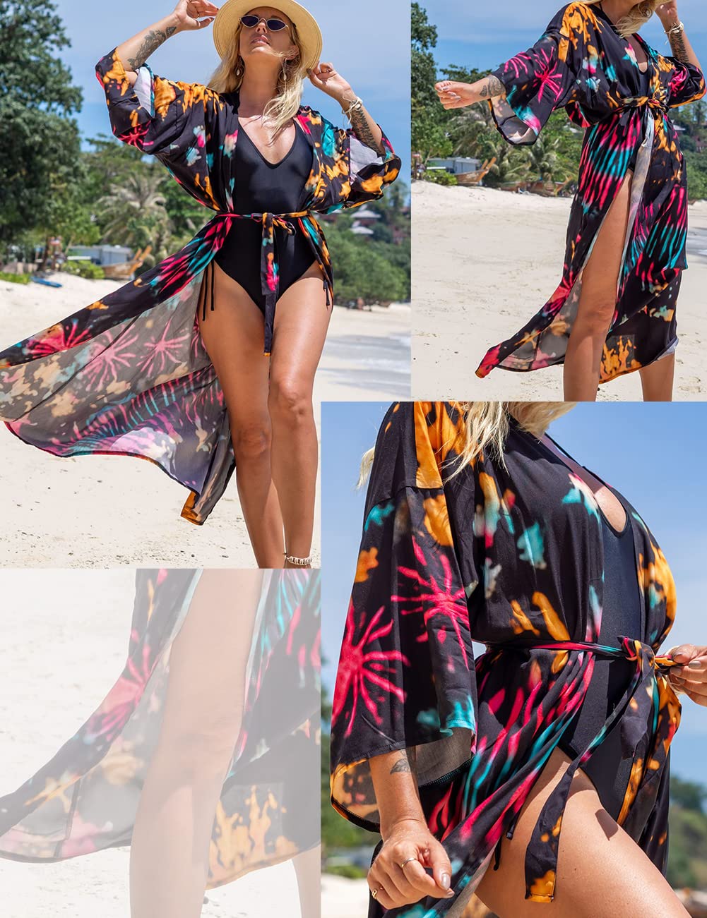 Damskie kimono, kardigan, letnia sukienka plażowa, długie ponczo plażowe, maxi pareo, nadruk kwiatowy, Kolor 20, jeden rozmiar