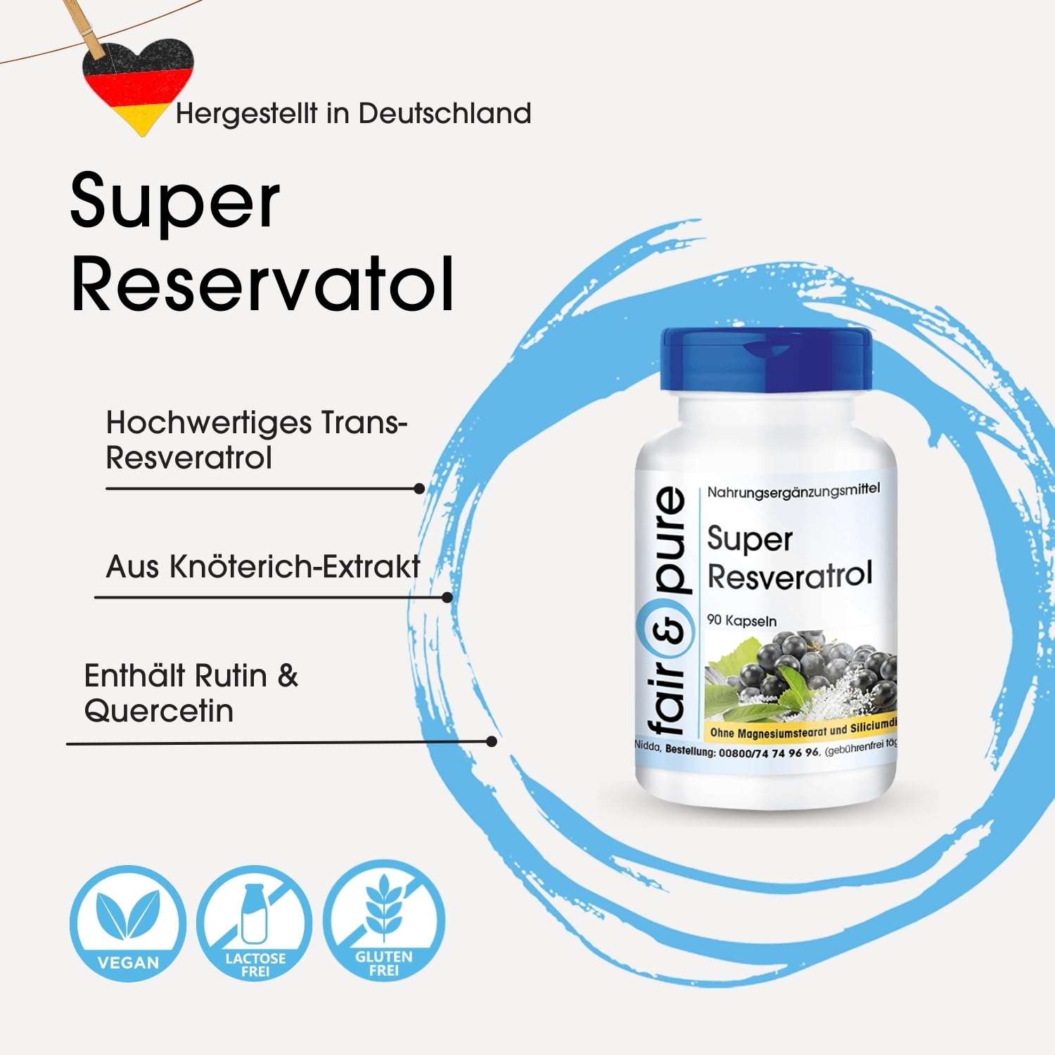 Fair & Pure Super Resveratrol aus Knöterich, 90 Kapseln, mit Rutin, OPC und Quercetin, veganes Nahrungsergänzungsmittel ohne Zusätze, in Deutschland hergestellt