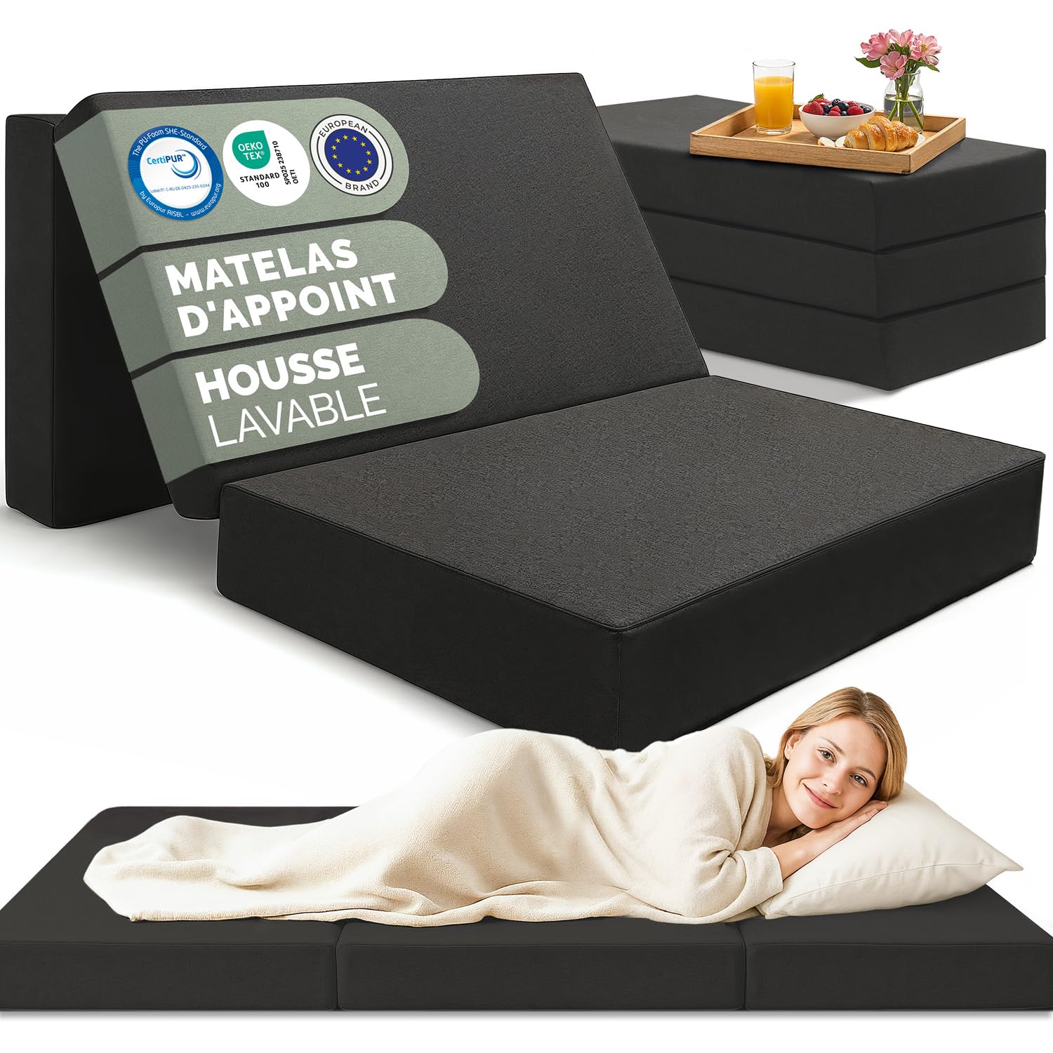 Blumtal Matelas Pliable 200x120x15 cm – Matelas de Sol en 3 Parties, Épais 15 cm, Lit d’Appoint 1 Personne en Mousse avec Housse, Confort Doux, Anthracite