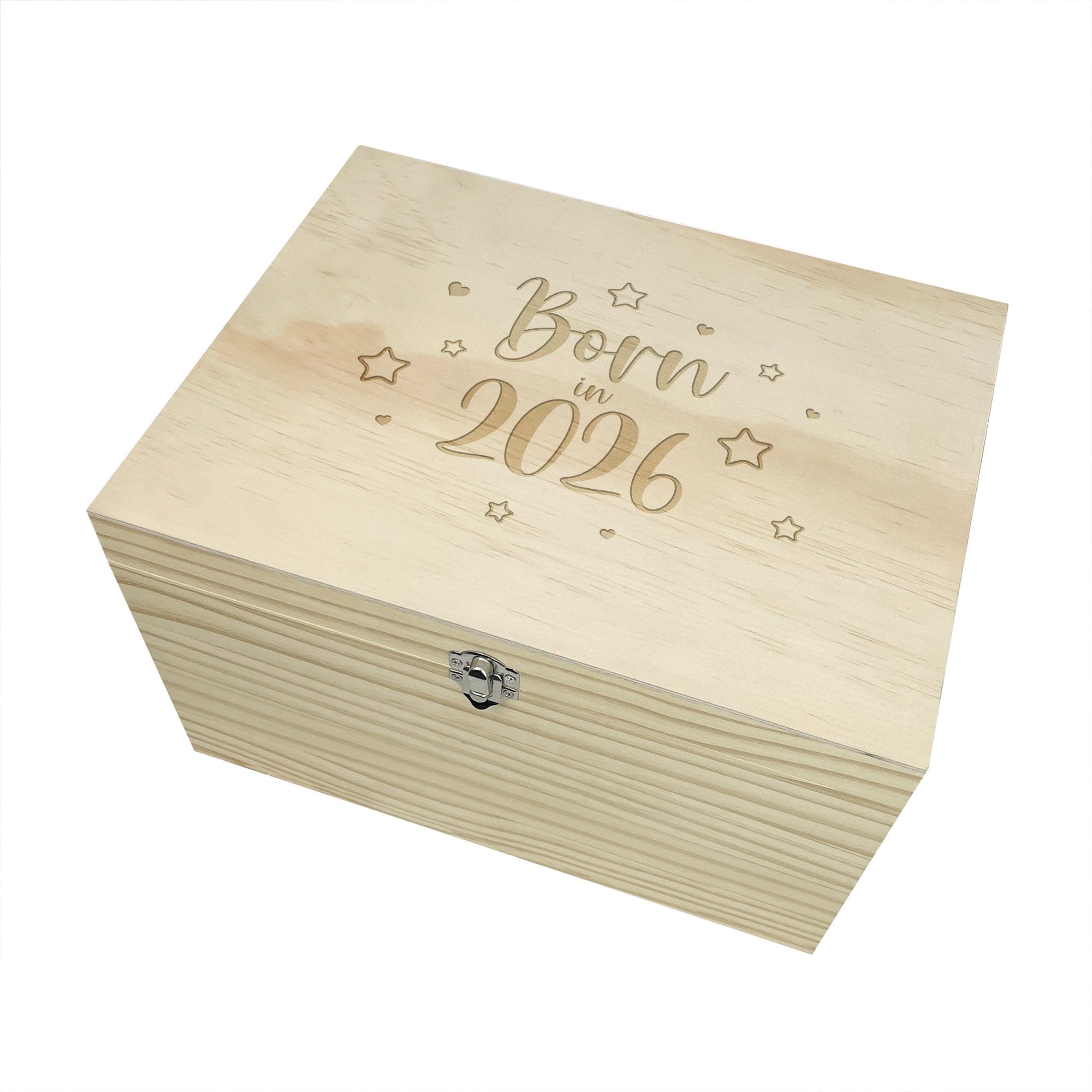 "Born in 2026" Engraved Baby Memory Box | Pine Wood Keepsake Storage | Gender Neutral Gift for New Parents, Baby Shower & Grandparents | W30cm x D23cm x H18cm
