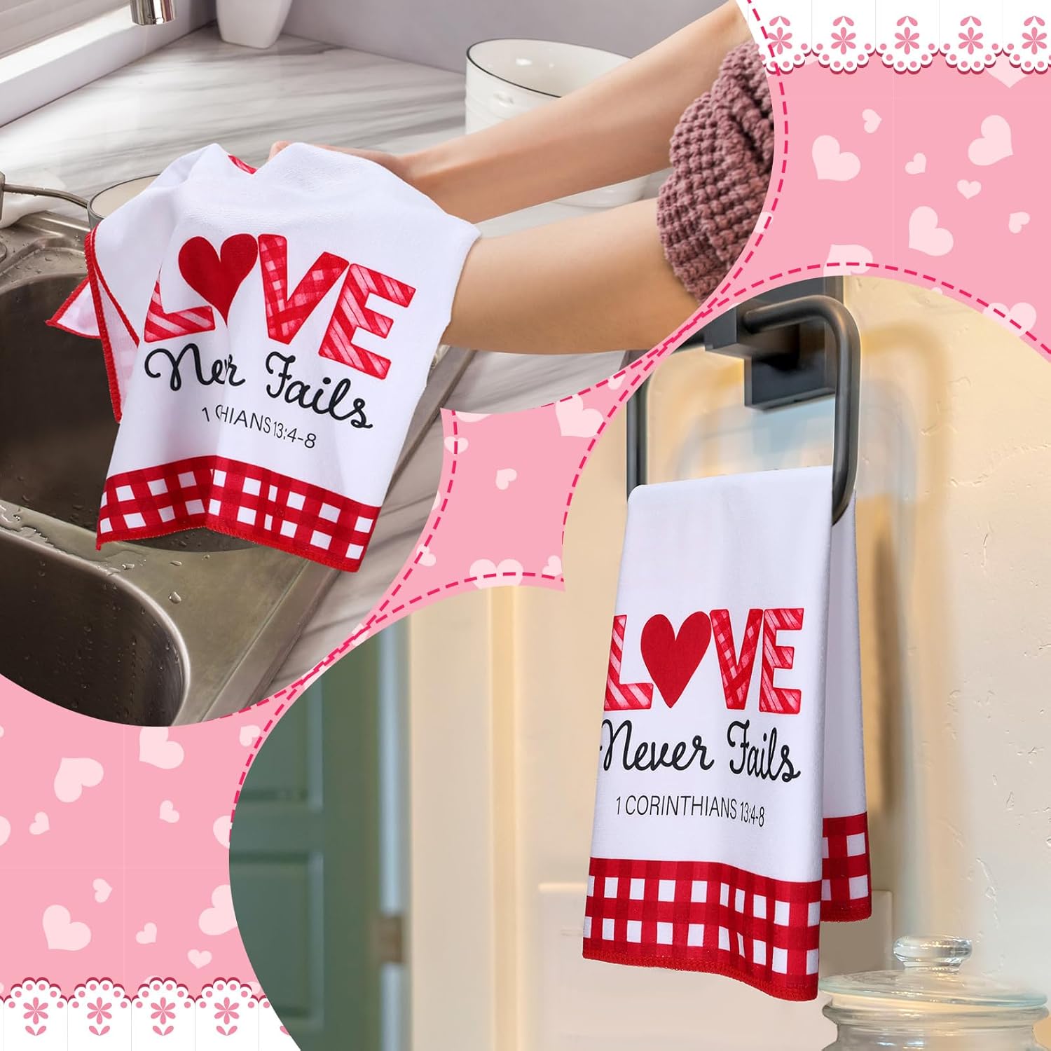 Macarrie 6 Set Christian Valentine's Day Kitchen Towels Bible Verse Scripture Red Heart Valentines Dish Towels 16x24 Inch Sweet Love Bathroom Hand Drying Tea Dishcloth for Anniversary