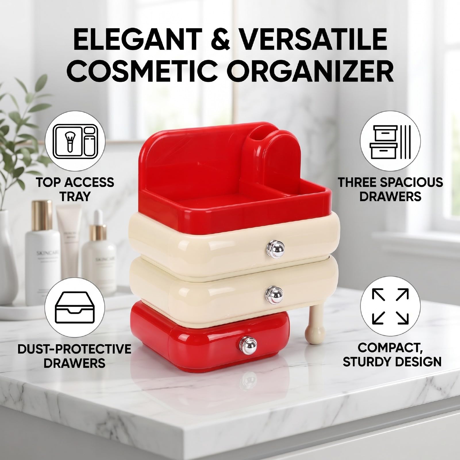 Organizador de Cosméticos Caja de Almacenamiento Elegante con 3 Cajones para Brochas de Maquillaje Cuidado de la Piel ABS Ligero 29,5 X 15,5 X 26, Cm (Roja)