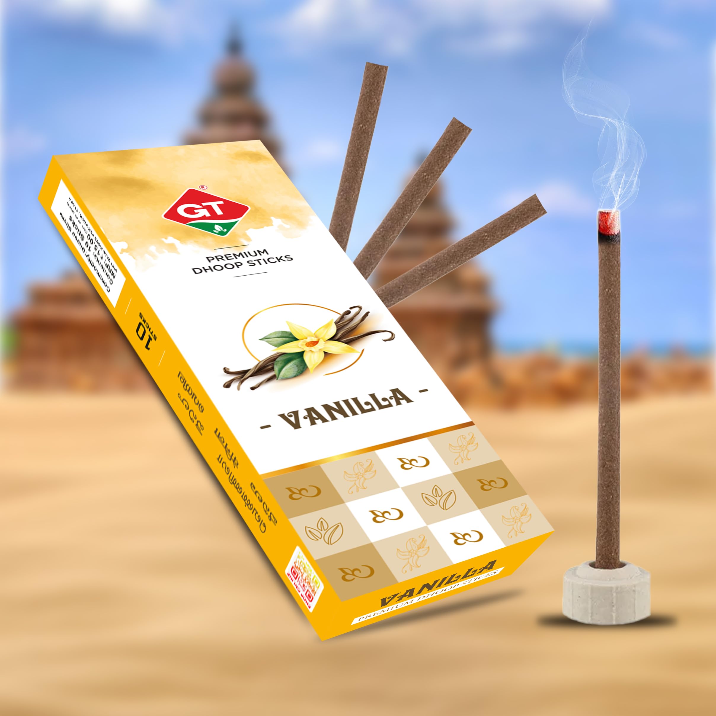 GT Vanilla Premium Dhoop Sticks for Pooja 120 Sticks | Bamboo Less Dhoop Sticks | Long Lasting & Highly Spreading Fragrance for Divine/Home Fragrance with Holder Stand | for Meditation Needs
