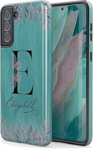 Funda con inicial de monograma verde azulado, diseño floral con nombre, diseñada para Samsung Galaxy S24 Plus, S23 Ultra, S22, S21, S20, S10, S10e, disponible en Yaxa Peru