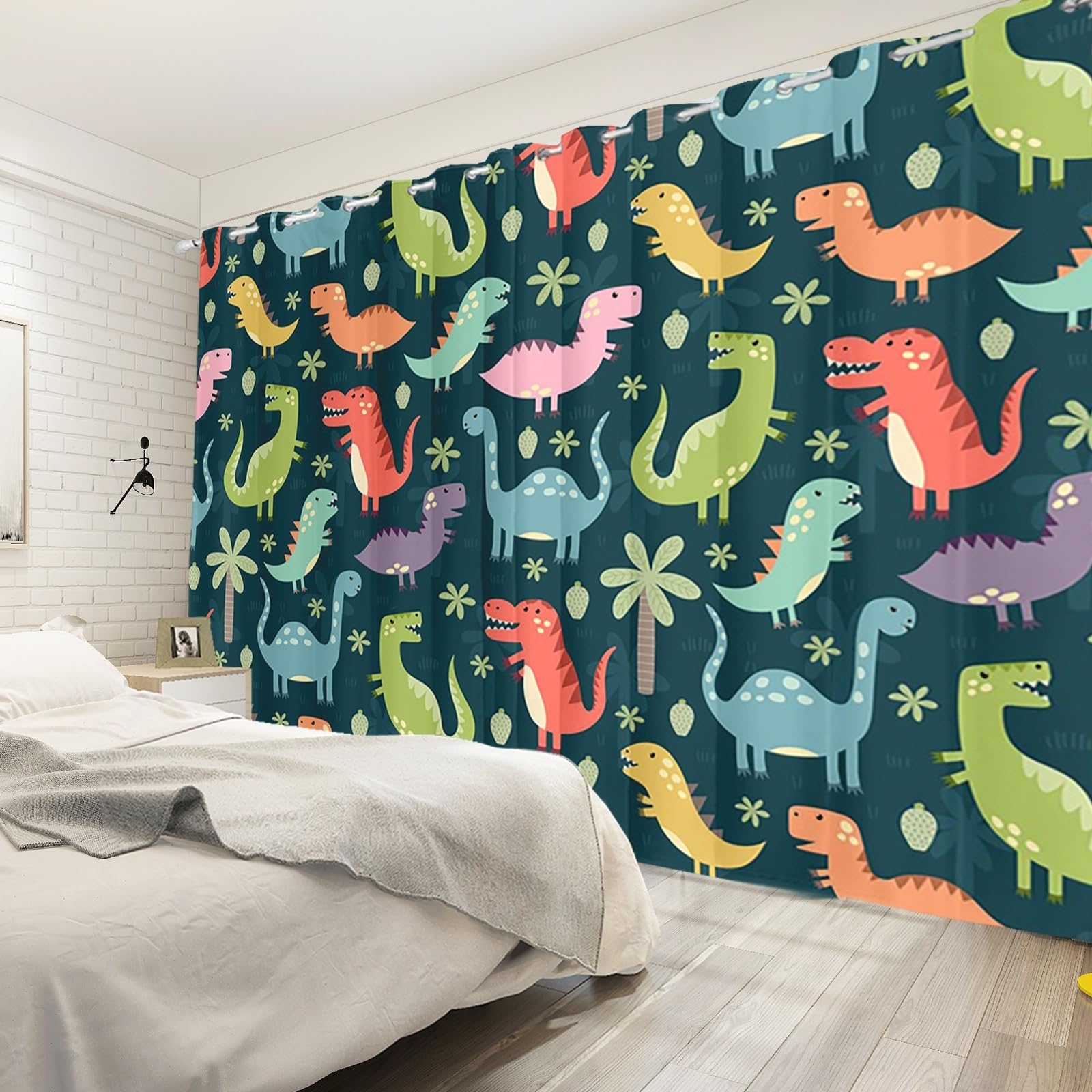 107x160cm Dessin animé Dinosaure Garçons Filles Rideau à œillets pour Chambre d'enfant Coloré Dino Mignon Animaux Rideaux occultants Thermiques pour Salle de Jeux bébé,2 Panneau