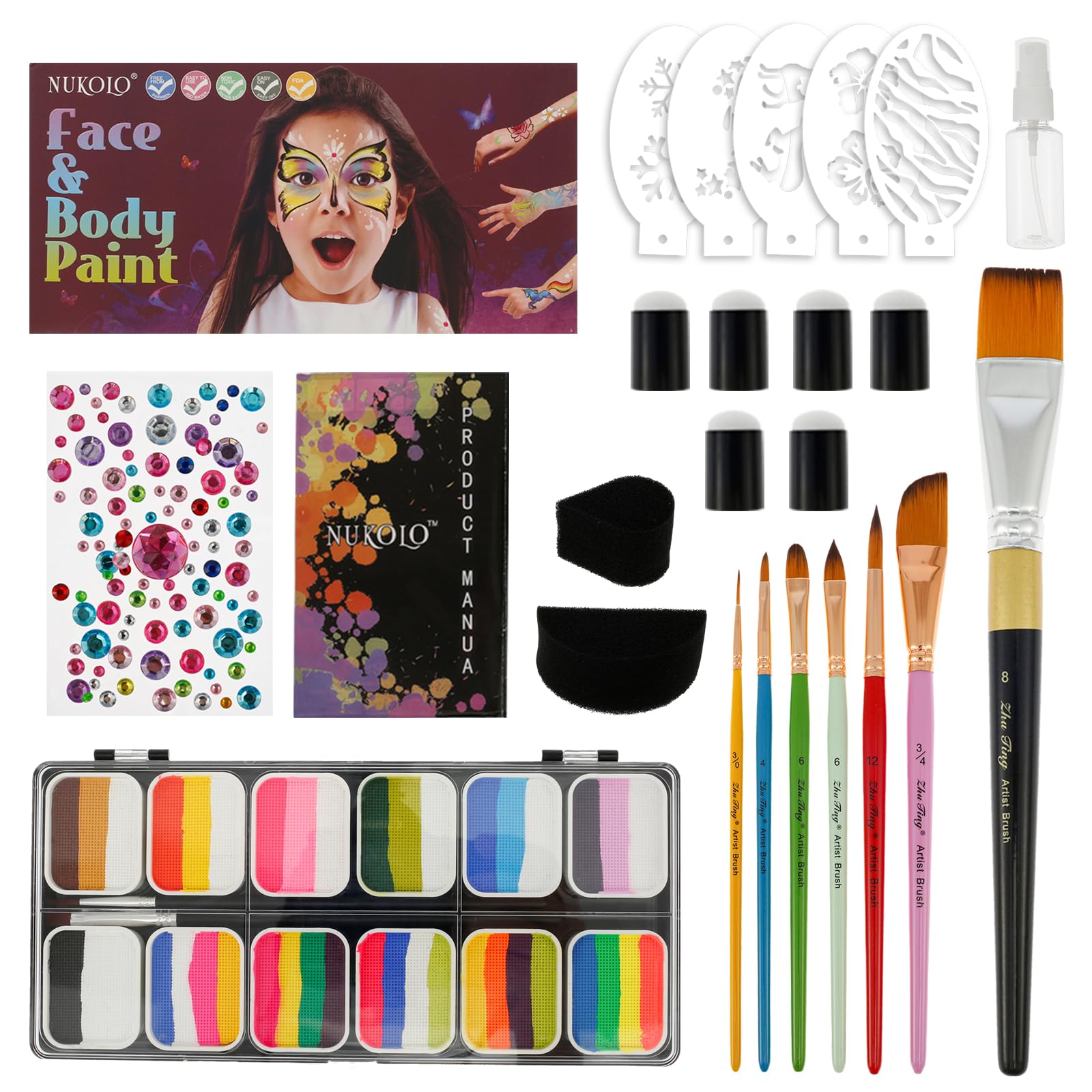 FALESOUL Face Painting Kit for Kids Party, 12 Colors Face Paint Kit with Stencils Professional, Water Based Facepaints Makeup Palette with Brush Set for School Carnival, Halloween, Christmas Party