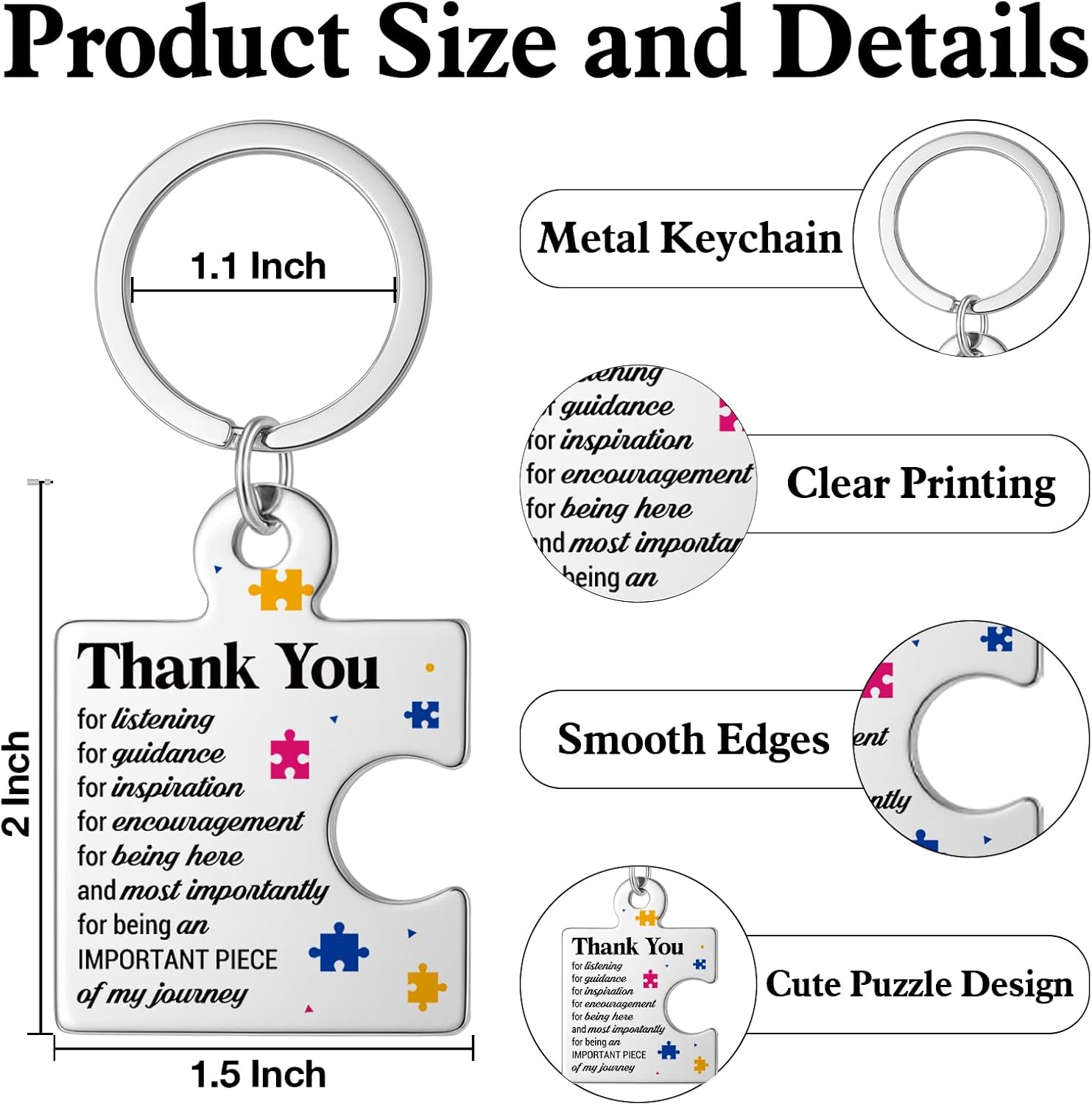 Thank You Gifts for Women Men, Appreciation Gifts for Teacher Coworkers Boss Leader Mentor Coach Supervisor Principal Therapist, Thank You Metal Puzzle Piece Keychains - Image 2