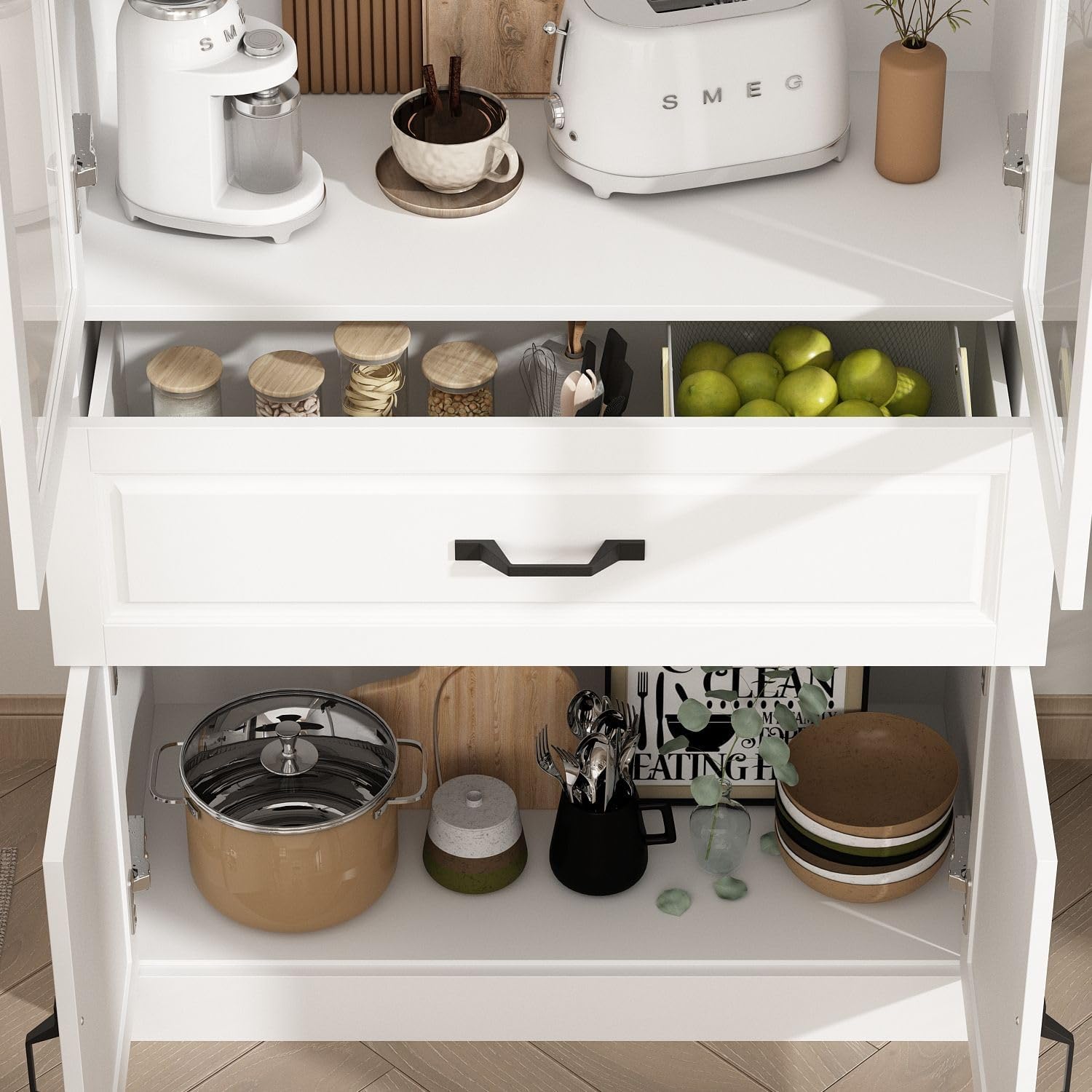 MOUMON Pantry Cabinet Kitchen Storage Cabinet with Glass Doors, Kitchen Pantry with Shelves & Drawer, for Living Room White (31.5”W x 15.7”D x 78.7”H), Small