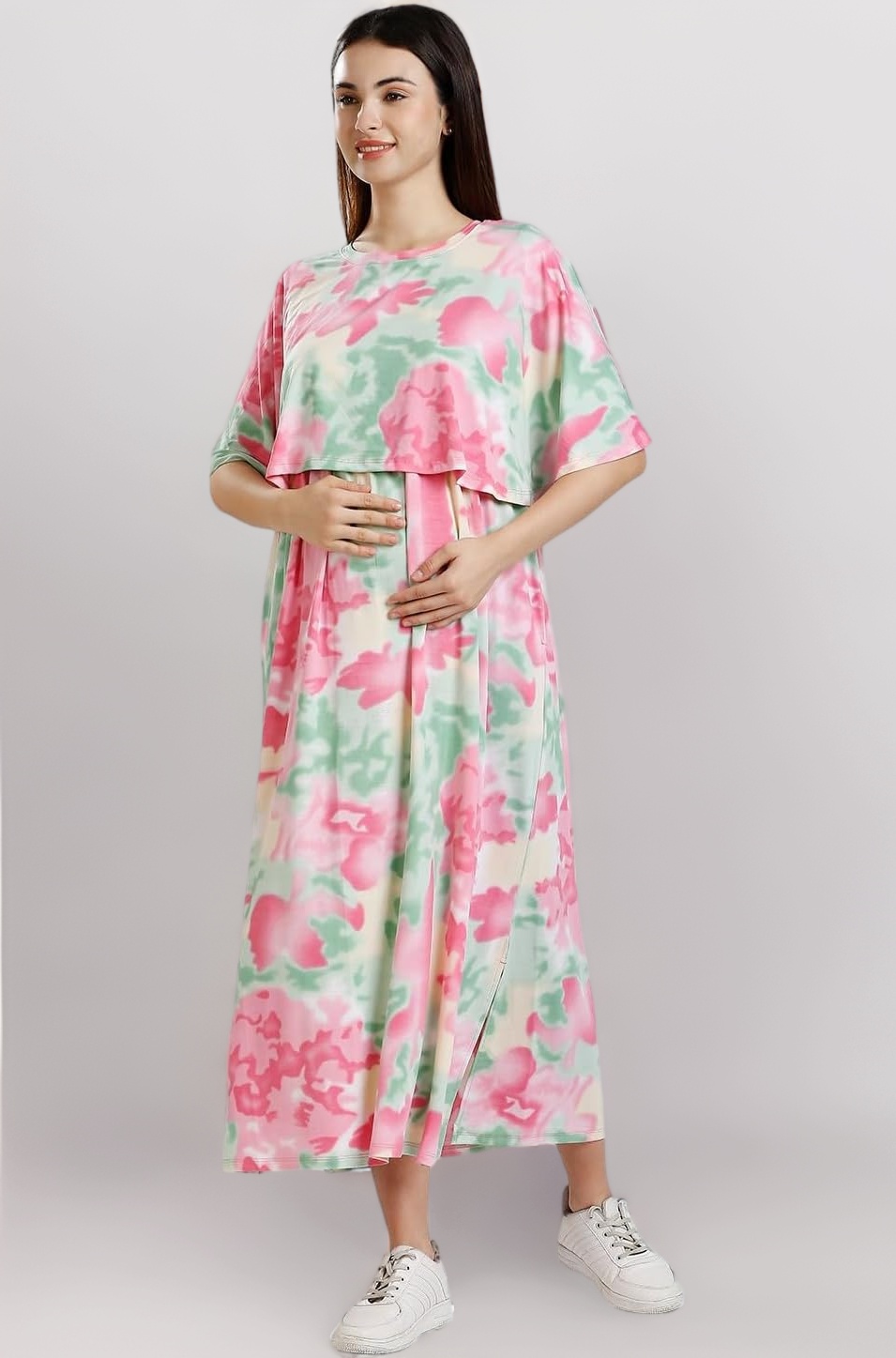 True Shape Maternity Gown for Women | Knitted Polyester Zipless Feeding Poncho Night Dress with Attached Cape, Easy Nursing & Convenient Pockets for Pre & Post Pregnancy