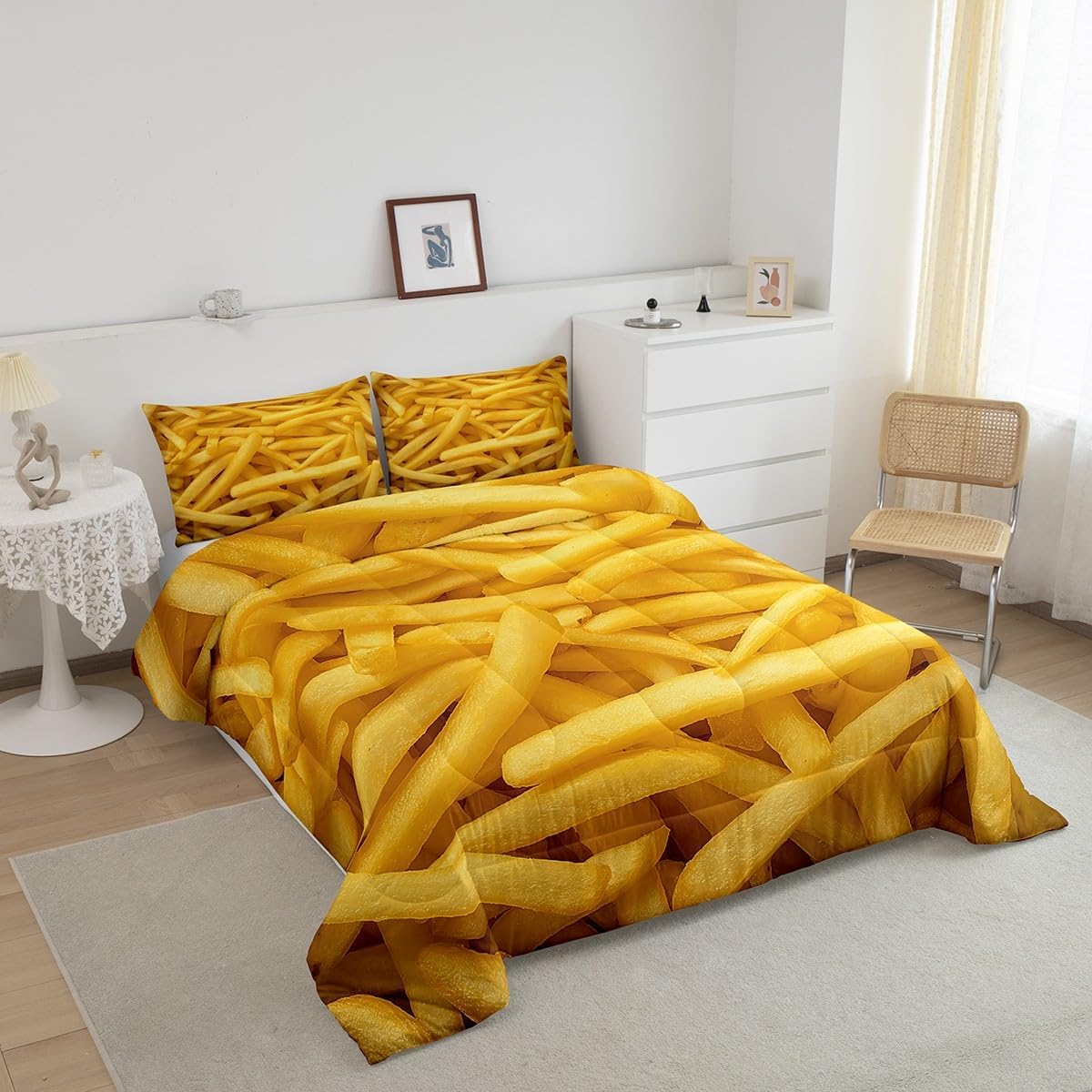 French Fries Comforter for Boys Kids Girls 3D Fast Food Comforter Set Full Size Home Decor Soft Creative Funny Bedding Set Delicious Food All Season Bedroom Down Duvet,1 Comforter with 2 Pillowcase