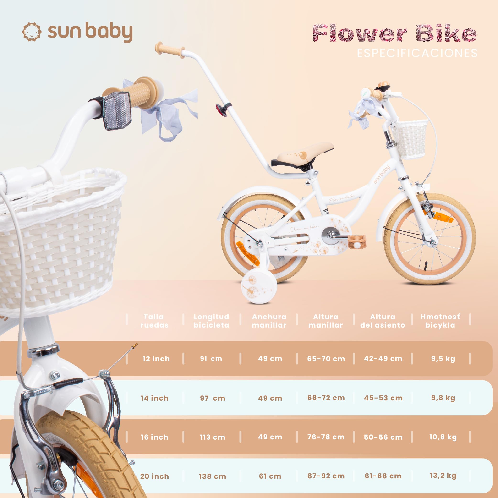 sun baby Flower Bike Bicicleta Infantil para niña 12/14/16 Pulgadas, con ruedines, Barra de Empuje, Cesta, Timbre, Freno contrapedal y V-Brake