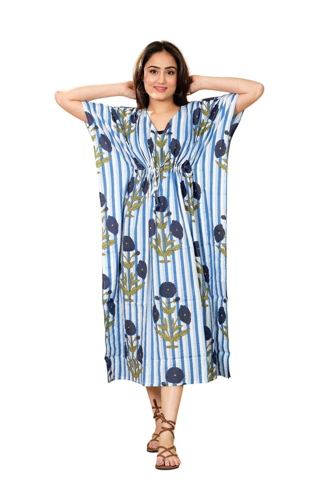 Women's Mughal Buta Printed Cotton Kaftan, 100% Cotton Night Kaftan, Long Night Wear Dress, Block Printed Kaftan Blue-picture-21