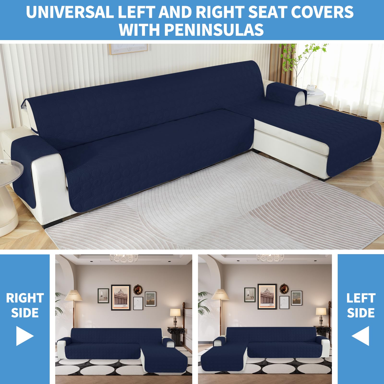 Ystyle Copridivano Impermeabile con Penisola 3 Posti (L 255 CM), Copridivano Angolare Destra/Sinistra Universale Reversibile, Copridivano Chaise longue Antigraffio Antimacchia, Blu Scuro