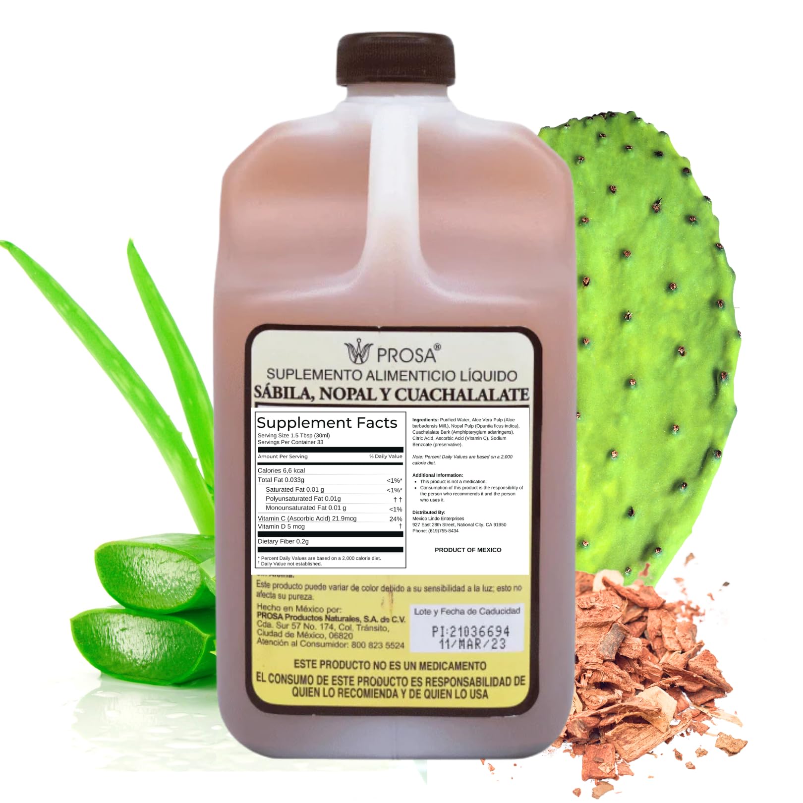 PROSA Aloe Vera, Nopal Cactus, and Cuachalalate Herbal Supplement – 33.8 fl oz (1.05 qt / 1L) – with Vitamin C for Digestive & Immune Support