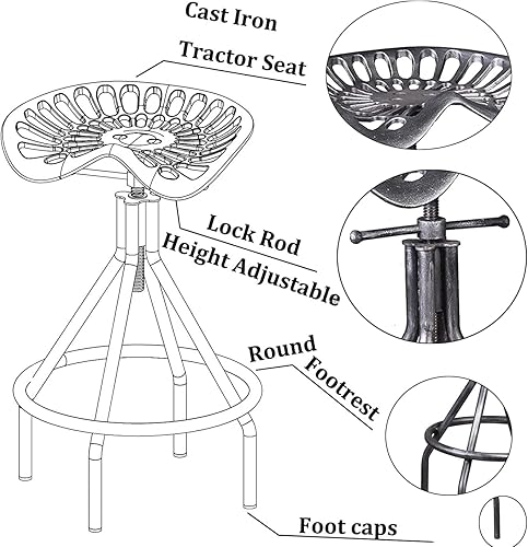 Miniatura 3 de Juego de 2 taburetes de bar industriales rústicos, de hierro fundido, taburete de tractor con altura de mostrador, taburete giratorio de desayuno,