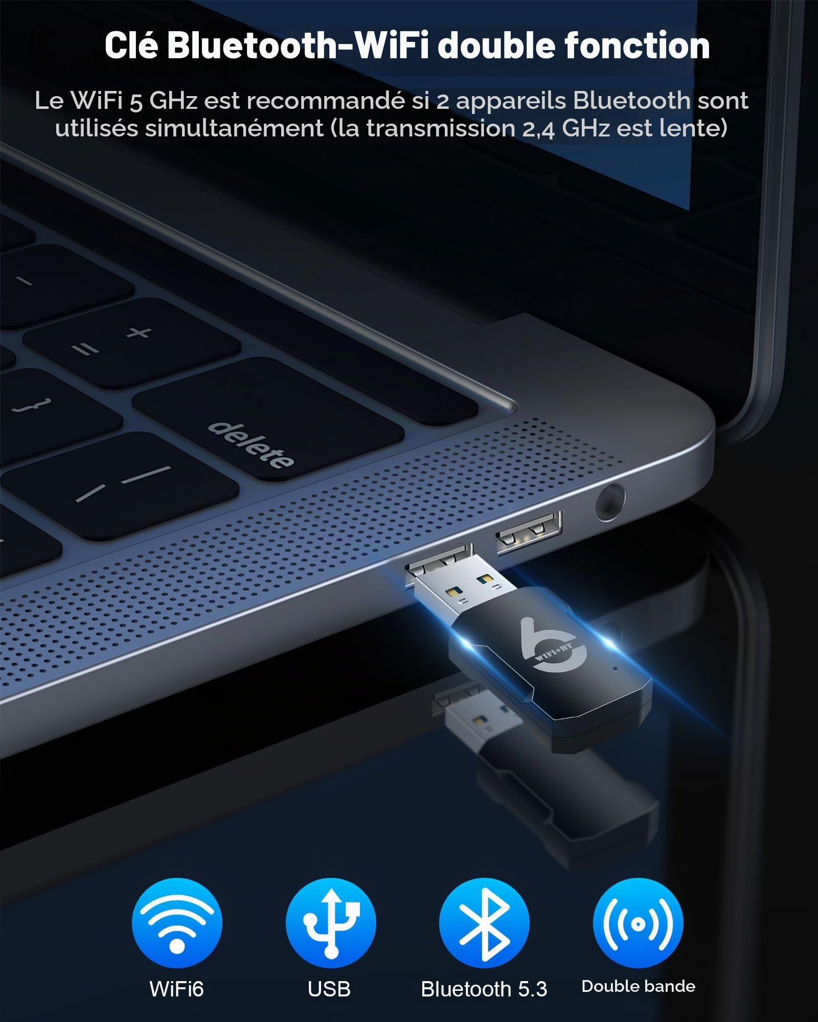 RUIZHI Bluetooth Clé WiFi pour PC, AX900Mbs Cle WiFi 6 Doublebande (5.8 GHz / 2.4 GHz), 5.3 Bluetooth USB 2.0 Clef WiFi dongle WiFi USB Mini Adapter Compatible avec Windows 11/10