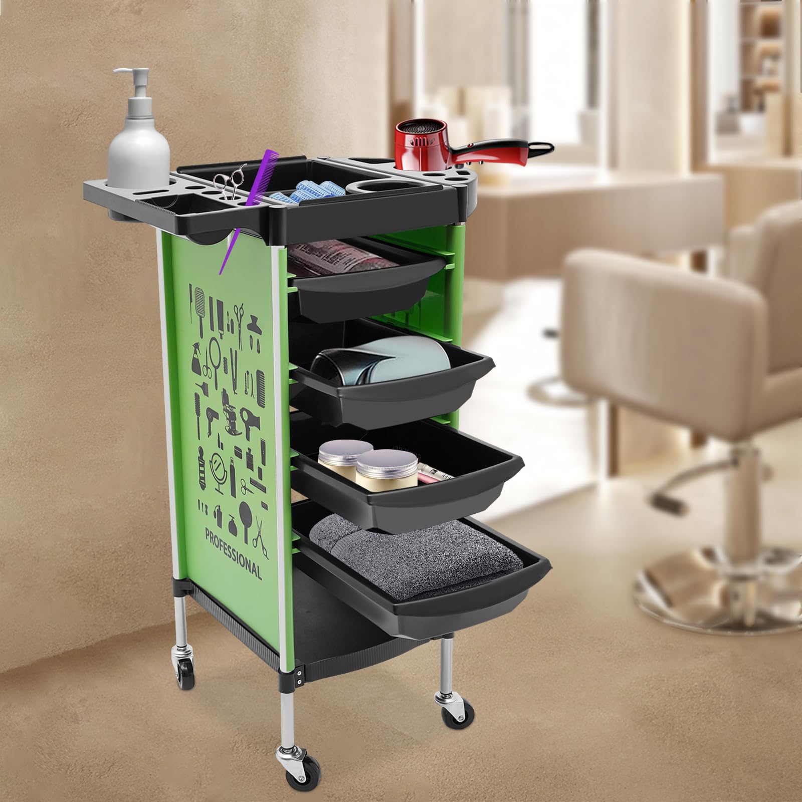 Chariot de coiffeur noir avec tiroirs sur pied rectangulaire pour salon de maquillage