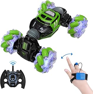 Powerextra RC Stunt Car, 4WD 2.4GHz Remote Control Car, Watch Gesture Sensor Car, Double Sided Rotating Off Road Vehicle 360Â° Flips with 2 Batteries, Deformable Electric Car Kids Toy Cars - Green