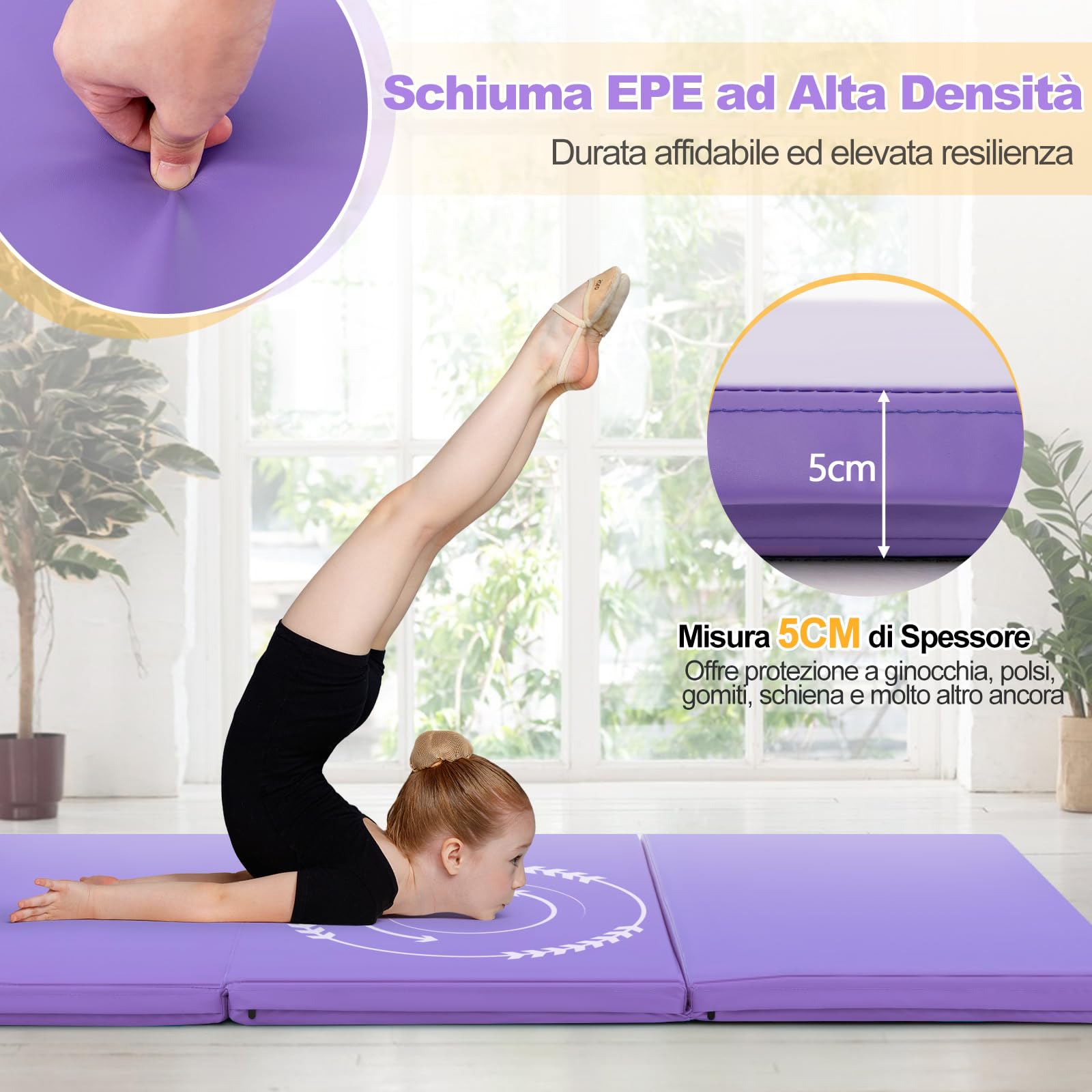 GYMAX Tappetino da Yoga, 180 x 60 x 5 cm, Materassino per Ginnastica 3 Segmenti, Pieghevole e Portatile con Manico