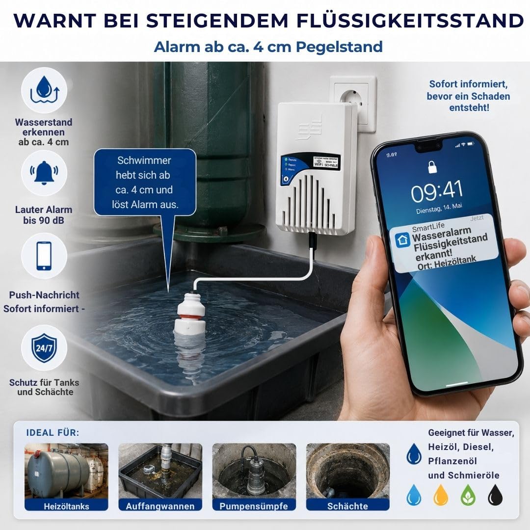 Schabus Wassermelder WWD 241 Smart mit Minischwimmer, 230V, einfache Installation (Schukostecker), akustische (90dB) und optische Warnung, zudem Push Meldung bei Anbindung an Smart-Life App