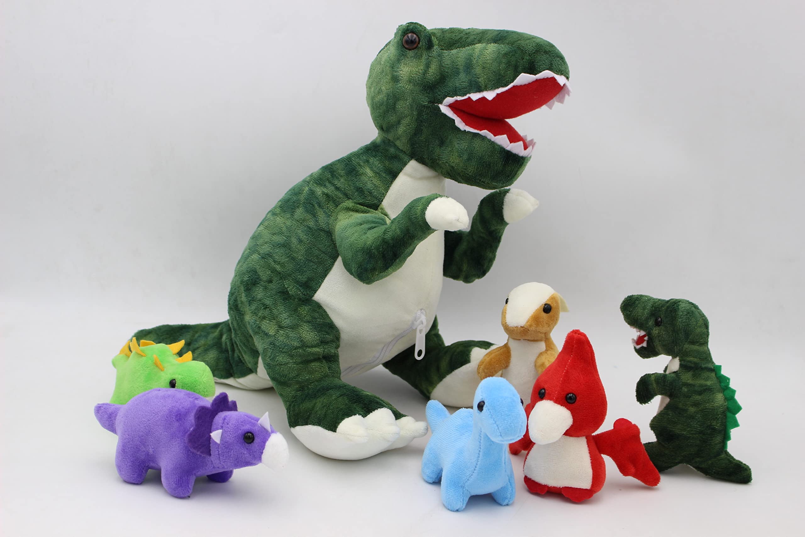 JDS Toy Store Handcrafted Plush Big Green T-Rex Stuffed Dinosaur with 6 Baby Dinosaurs Inside for Kids and Dinosaur Lovers - 19.6 Inches
