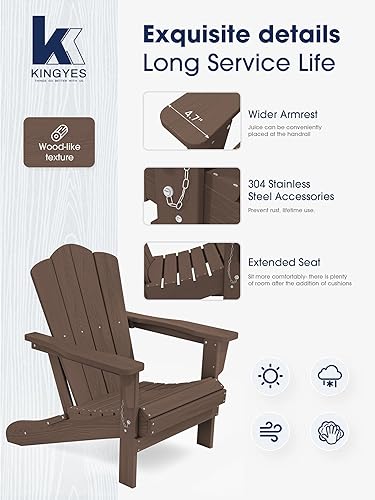 Vista 109 de KINGYES - Silla Adirondack plegable, sillas de patio de polietileno de alta densidad para todo tipo de clima, silla de césped con textura de madera