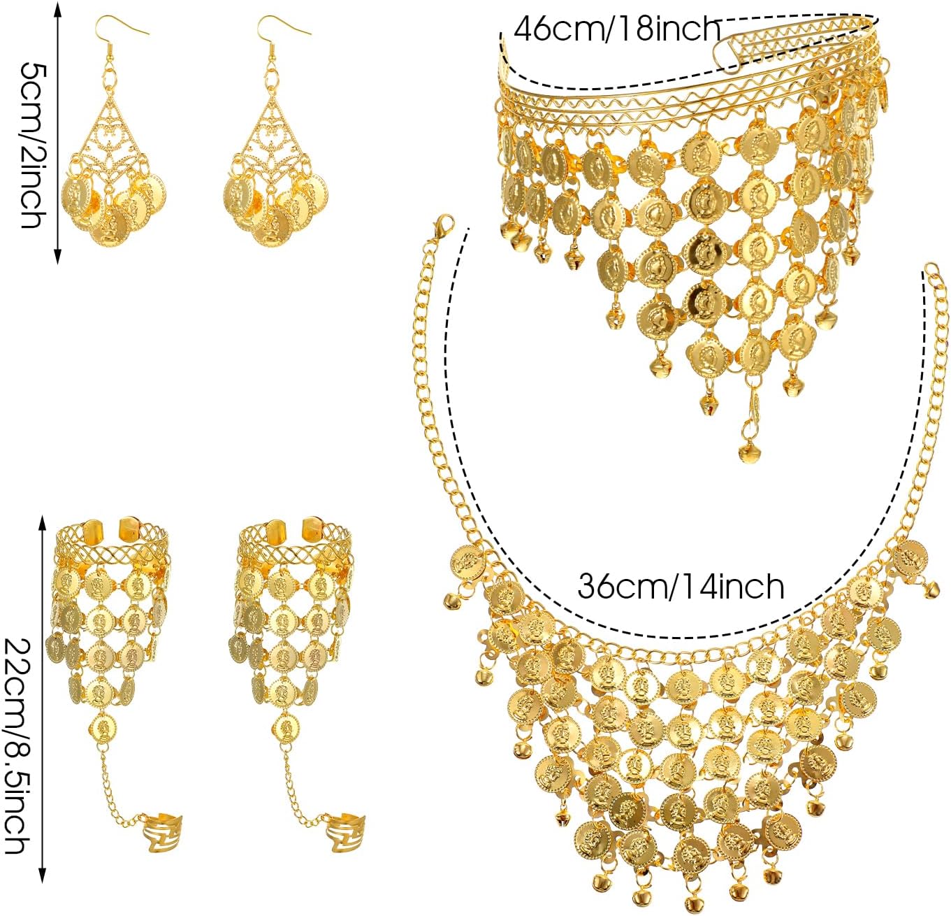 8 Pcs Belly Dancing Jewelry,Belly Dancer Outfit Set Including 2 Coin Bracelets 1 Coin Veil Necklace 1 Pair of Gold Boho Earrings and 1 Gold Sequins Head Accessory for Women - Image 2