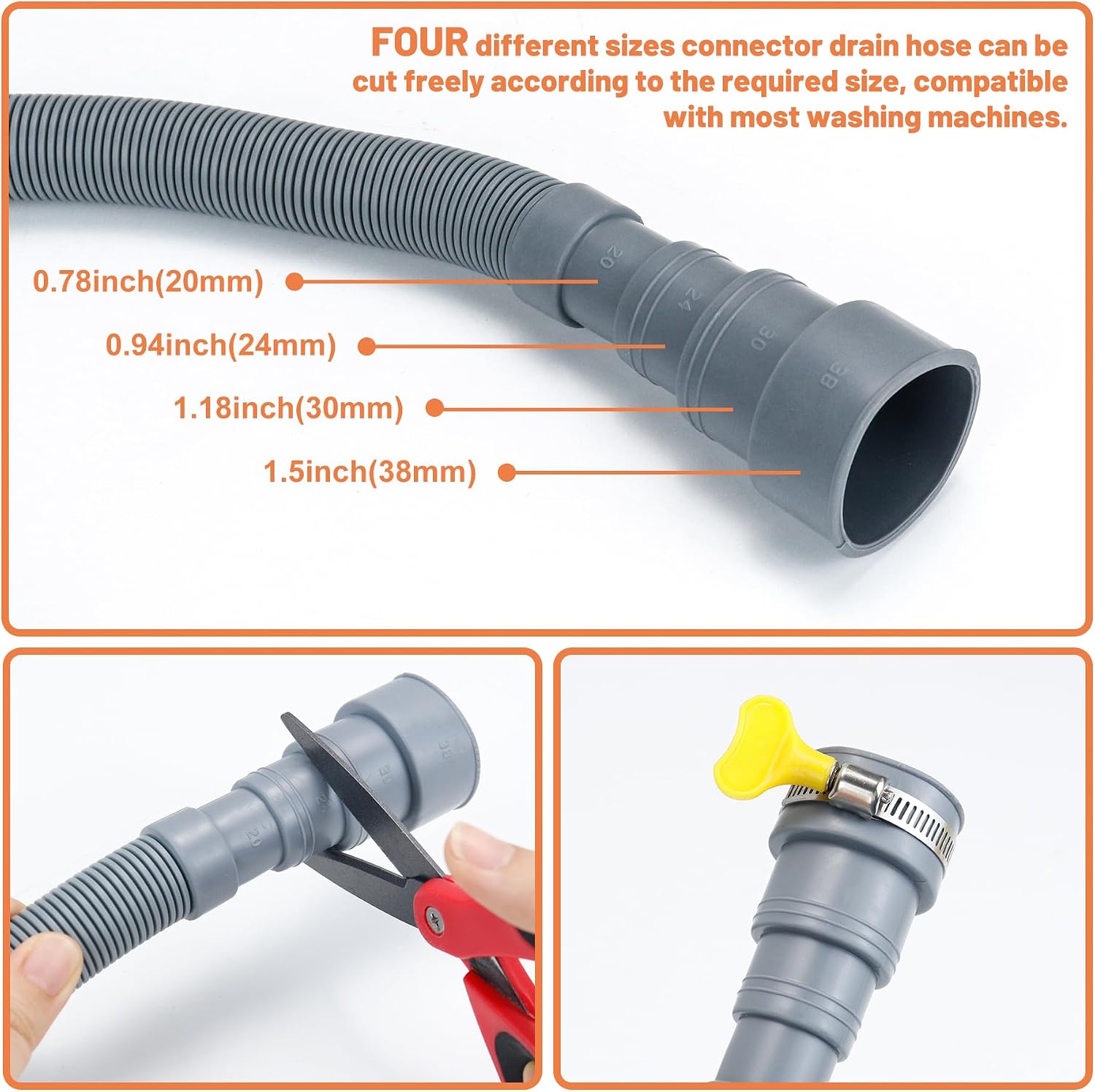 GCGOODS Multi-Diameter Design Drain Hose Kit - 8 Ft Flexible Drain Hose Extension with 1 Adapter, 1 U-Bend Holder, 2 Clamps