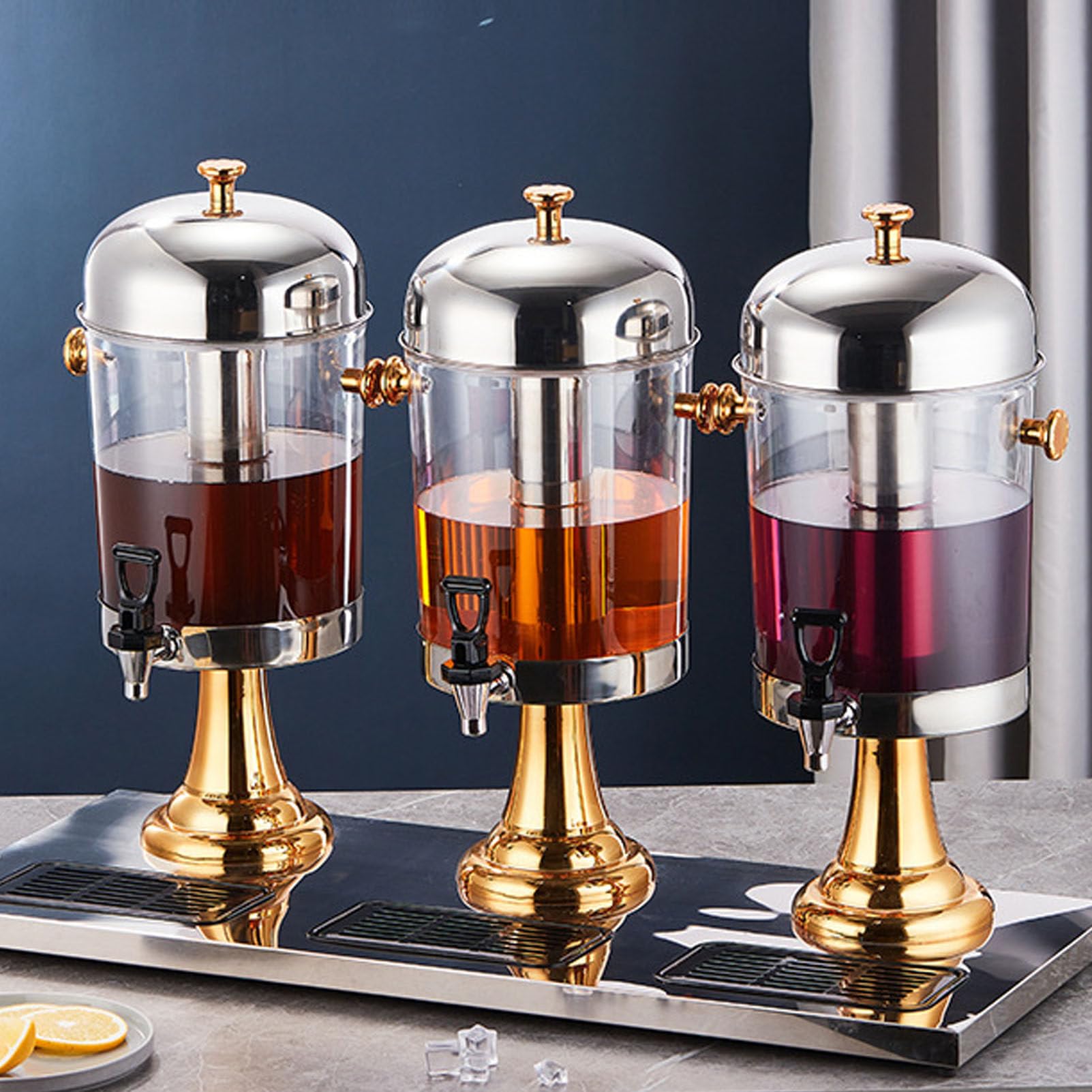 Distributore di Succo Commerciale, Bevande in Acciaio Inossidabile 24L Contenitore distributore con Contenitore di Ghiaccio, distributore di Bevande in Vetro Trasparente per Cocktail,Gold